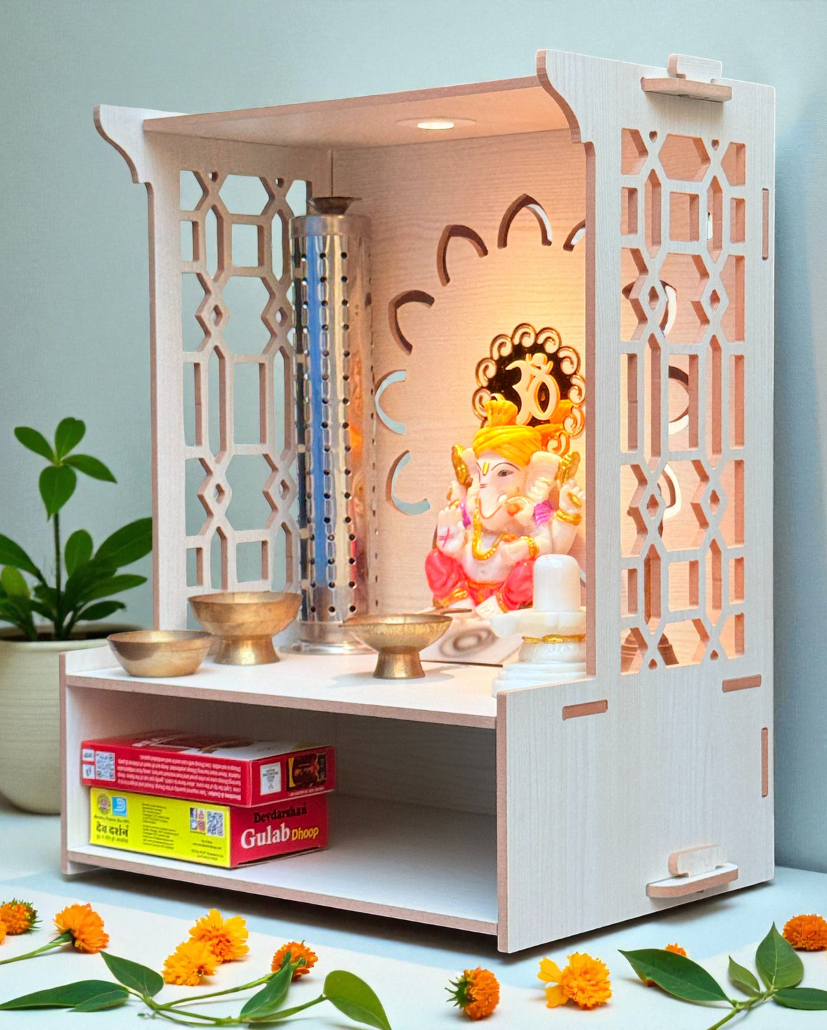 Image of Flipkart Perfect Homes Studio Wooden Mandir for Home , Pooja Mandir with Storage Drawer & Cabinet Engineered Wood Home Temple (Height: 130, Pre-assembled)