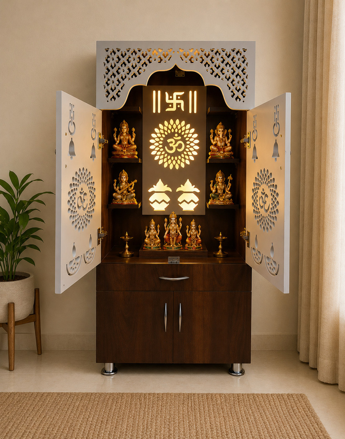 Image of TheTempleHouse Modern Temple for Home /Pooja Mandir with Led Light Engineered Wood Home Temple Engineered Wood Home Temple (Height: 135, Pre-assembled)