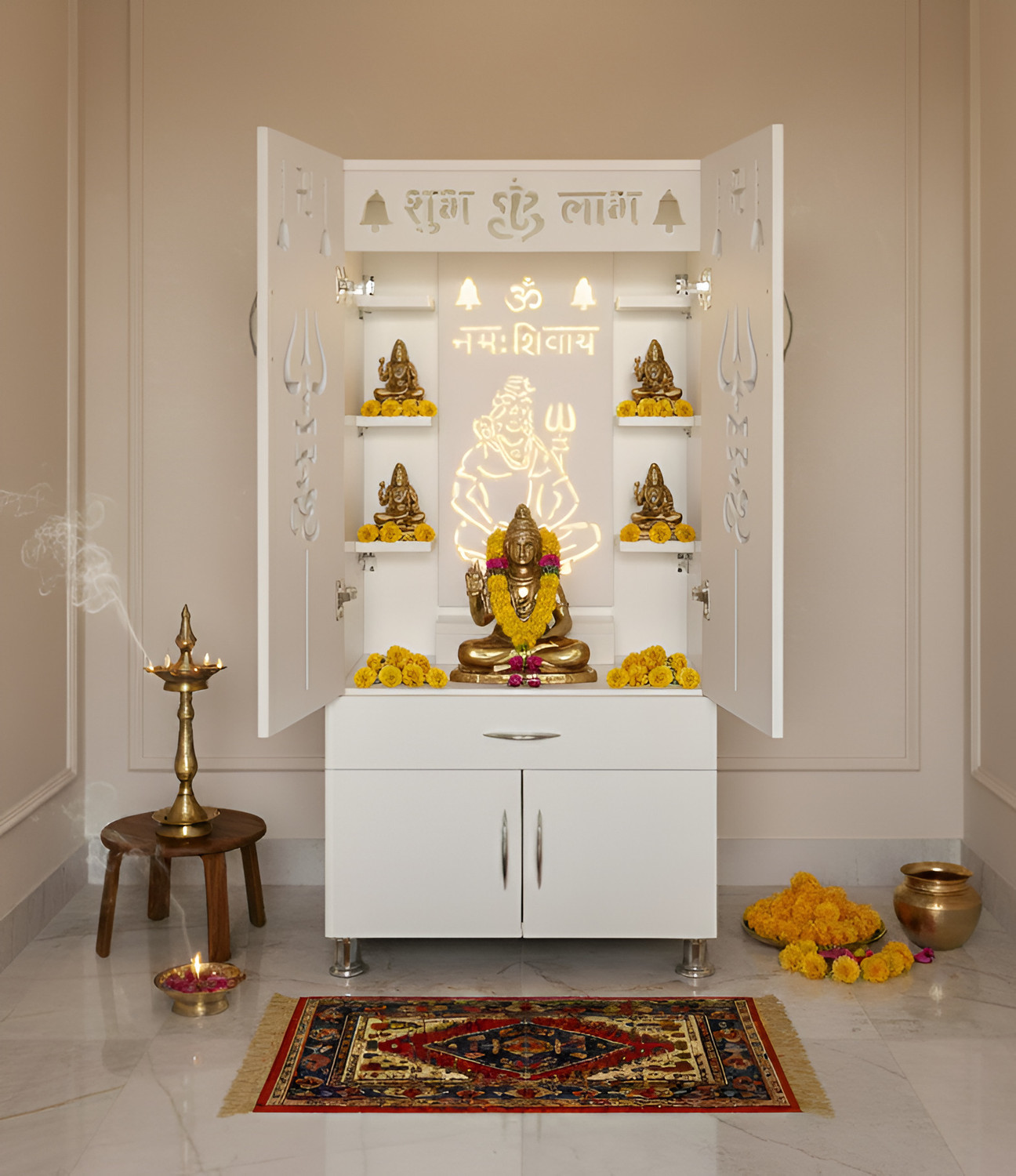 Image of TheTempleHouse Modern Temple for Home /Pooja Mandir with Led Light Engineered Wood Home Temple Engineered Wood Home Temple (Height: 135, Pre-assembled)