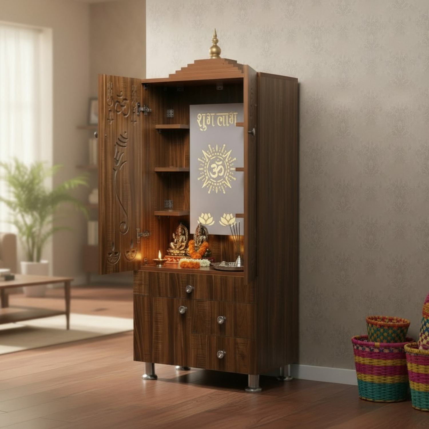 Image of NITAYRA Wooden Temple Big Size With Led Light Engineered Wood Home Temple (Height: 145, Pre-assembled)