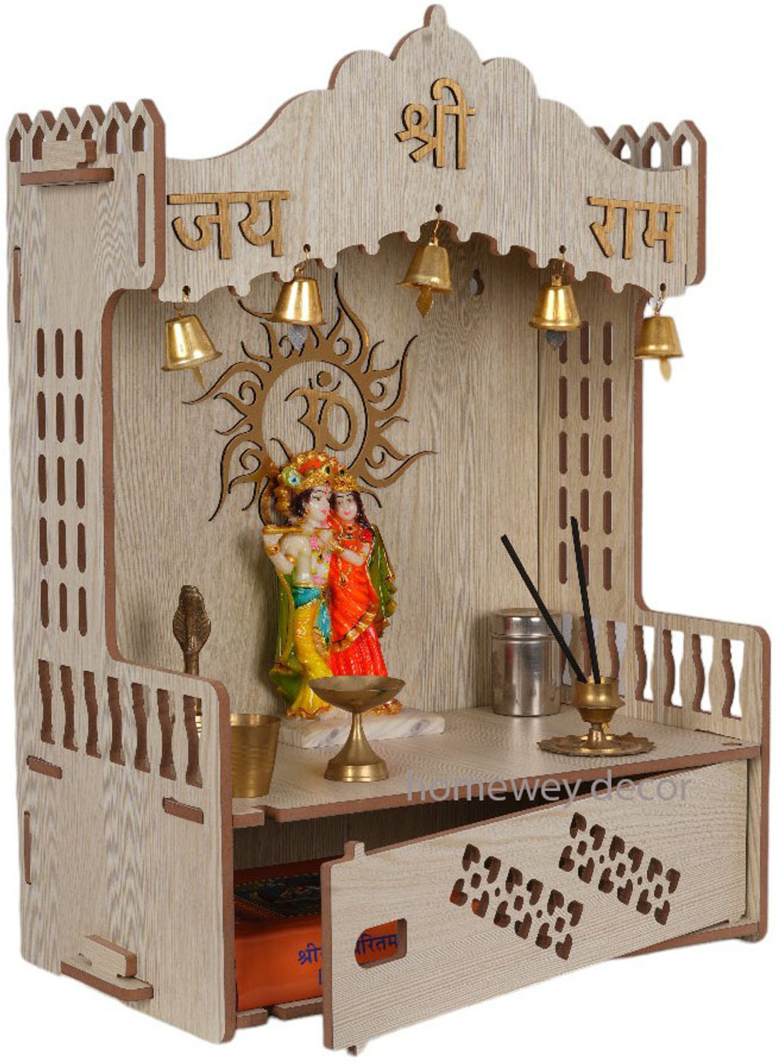 Image of Flipkart Perfect Homes Studio Wooden Mandir for Home , Pooja Mandir with Storage Drawer & Cabinet Engineered Wood Home Temple (Height: 130, Pre-assembled)