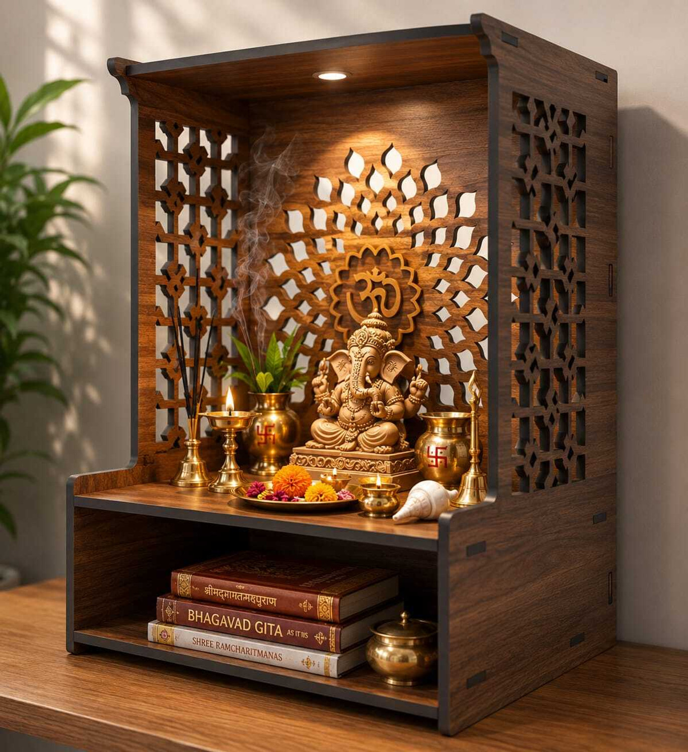 Image of Flipkart Perfect Homes Studio Wooden Mandir for Home , Pooja Mandir with Storage Drawer & Cabinet Engineered Wood Home Temple (Height: 130, Pre-assembled)