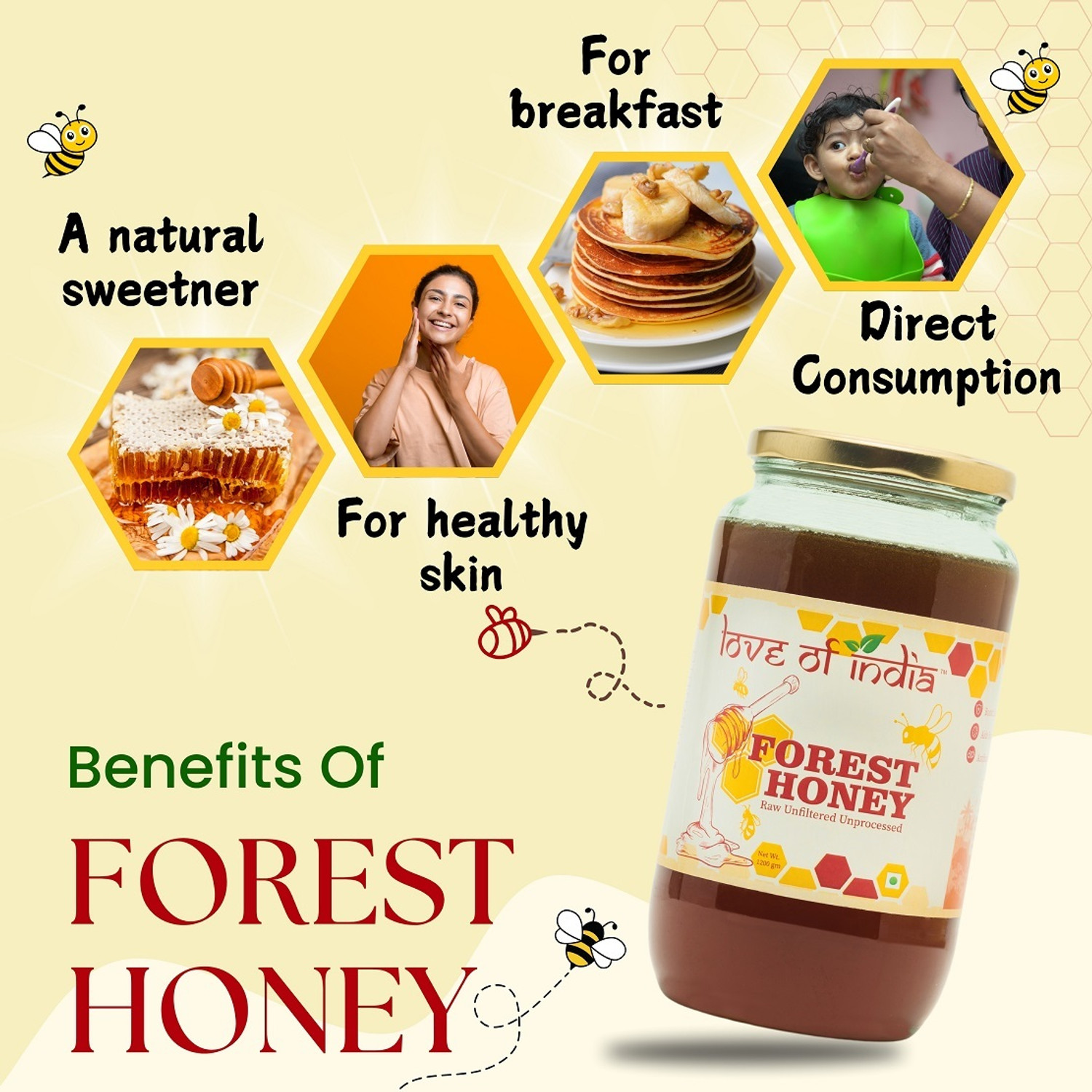 Image of Love Of India Forest Honey (Raw, Unfiltered, Unprocessed & Non-Pasteurised) (2 x 1200 g)