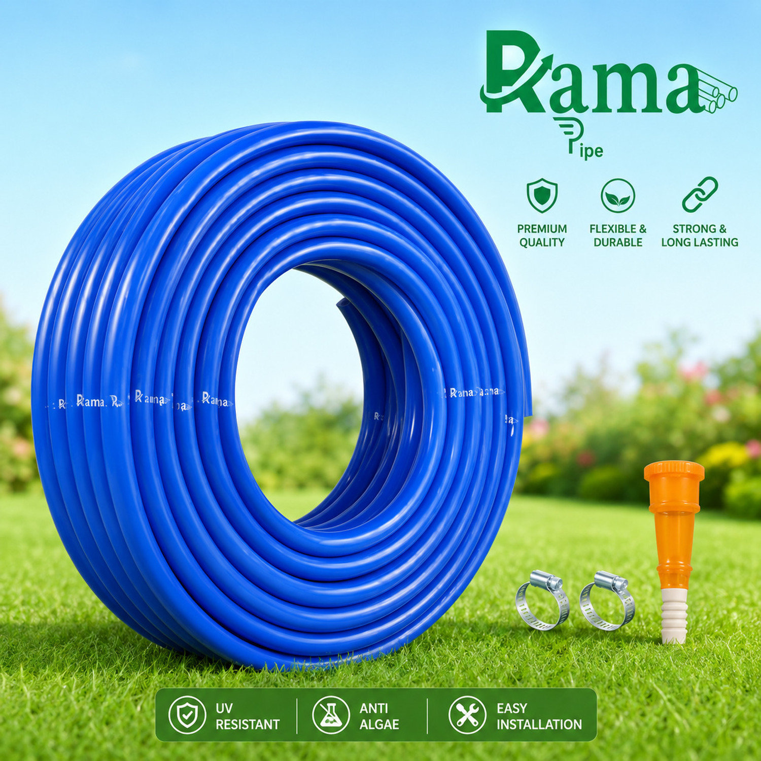 Image of RAMA PIPE 0.5 inch garden pipe water hose durable 15 feet (5 meter) for gardening with connector and clips Hose Pipe (5 m)