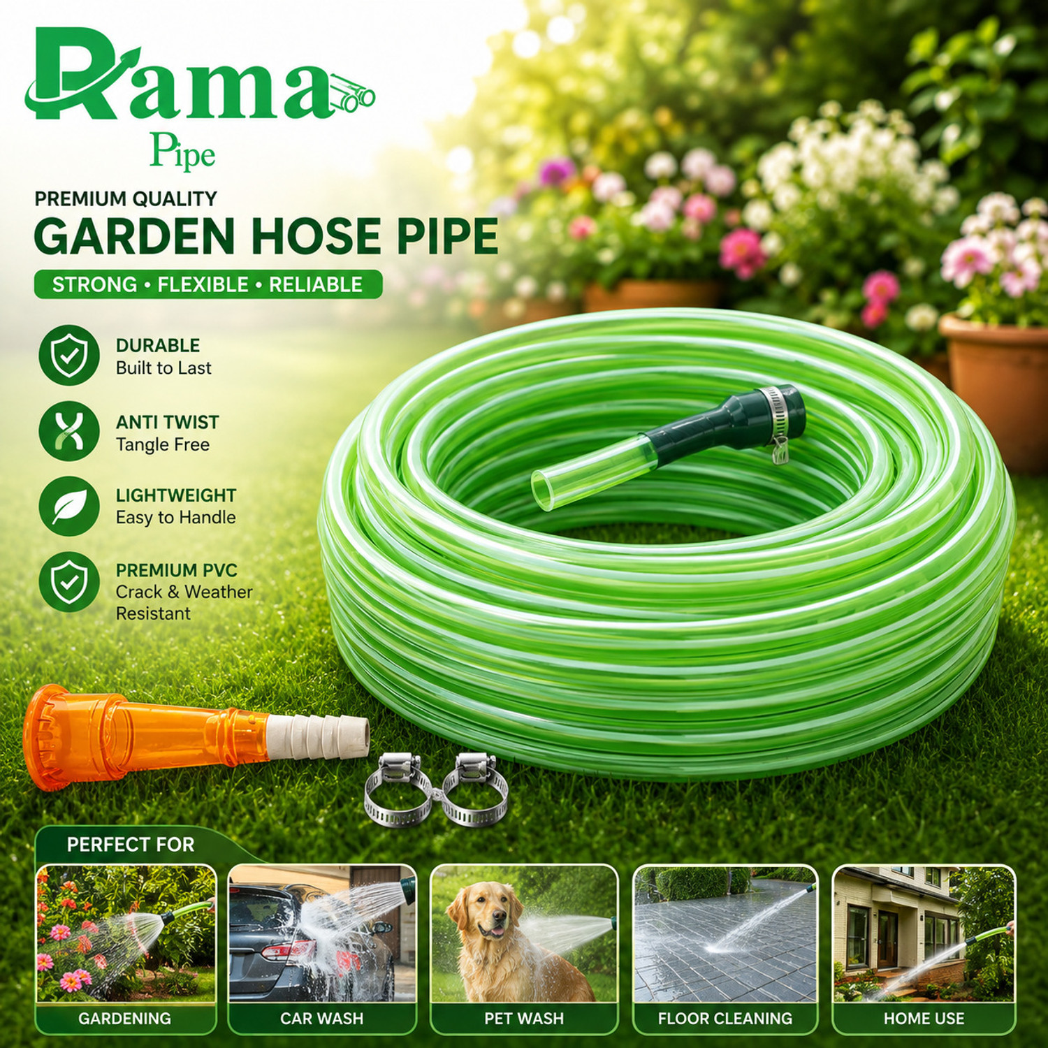 Image of RAMA PIPE 0.5 inch garden pipe water hose durable 15 feet (5 meter) for gardening with connector and clips Hose Pipe (5 m)