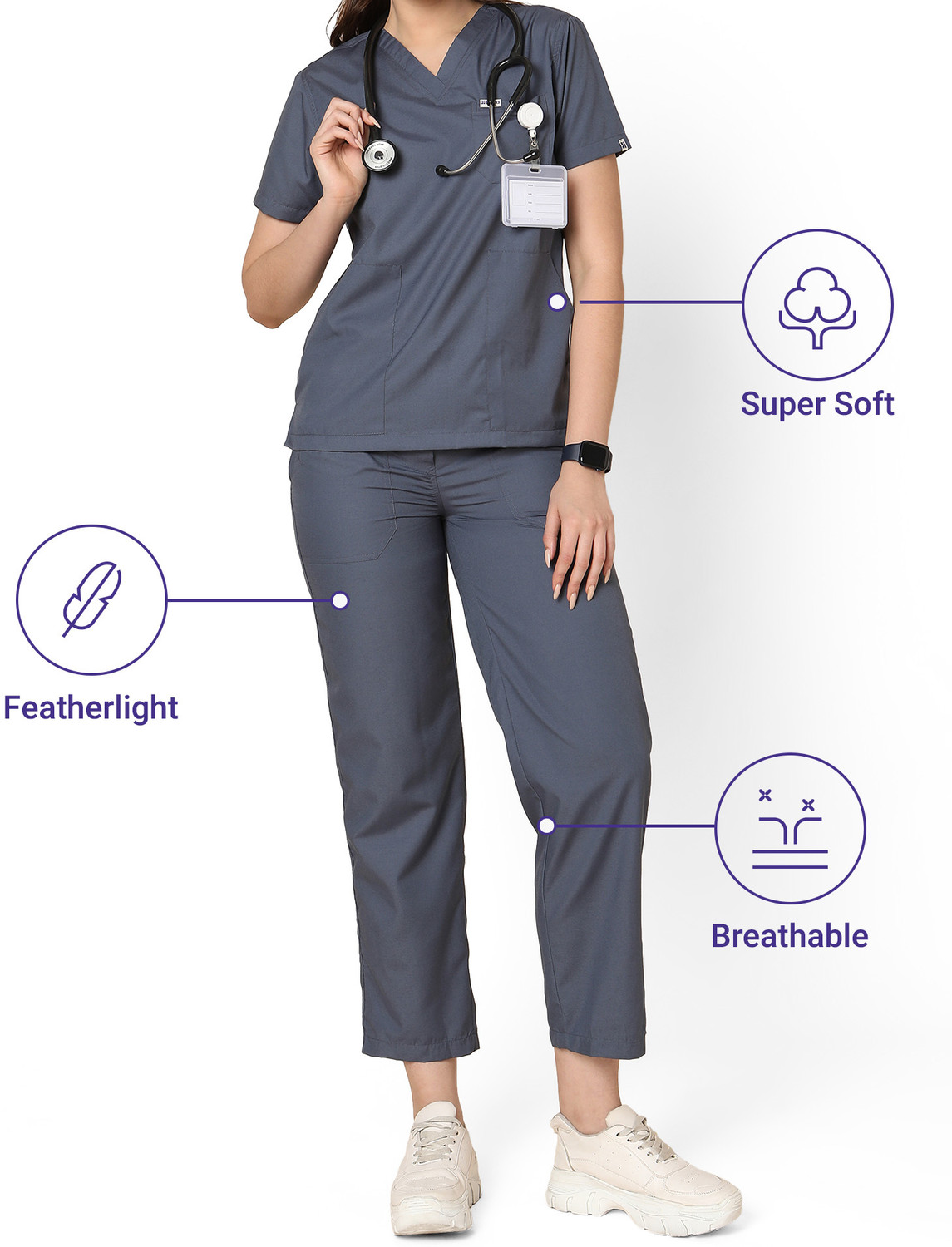 Image of KNYA Women's Scrubs | 5 Pocket Pant, Shirt Hospital Scrub (Heather Grey XS)