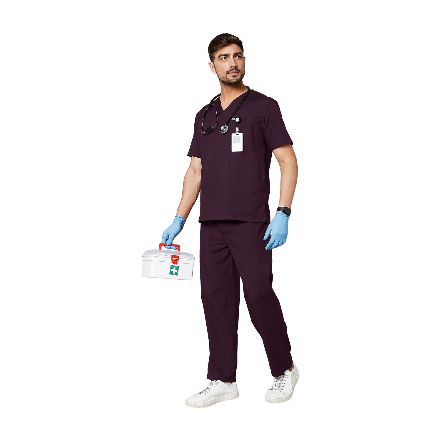 Image of Knya med Classic Men's Mandarin Collar Scrubs Gown Hospital Scrub (Wine 4 XL)