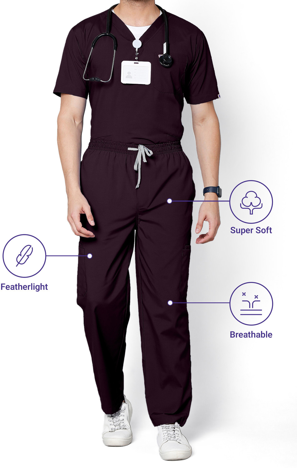 Image of Knya med Classic Men's 10-Pocket Essential Scrub Suit Pant, Shirt Hospital Scrub (Wine XL)
