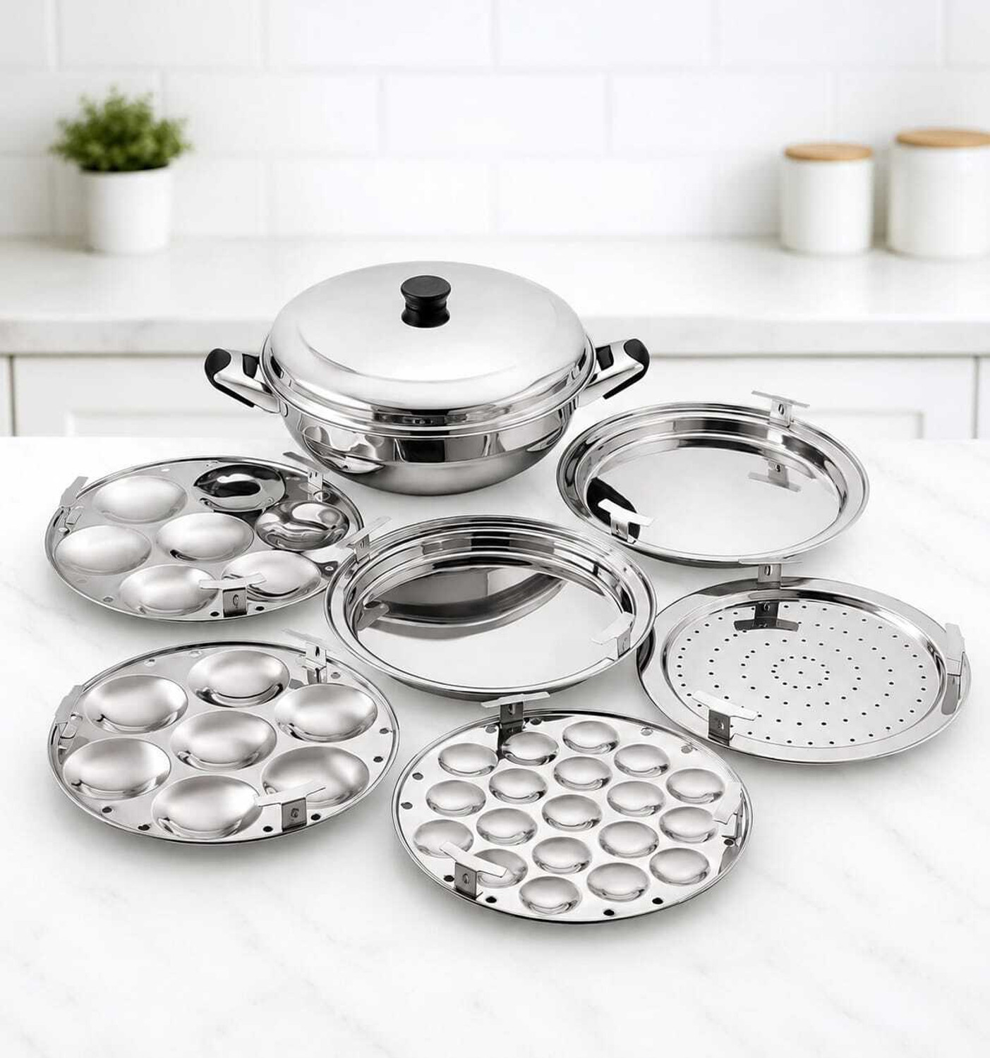 Image of Cello Stainless Steel Induction Base Idli Cooker and Multi Kadhai Set of 6 Induction & Standard Idli Maker (6 Plates , 42 Idlis )