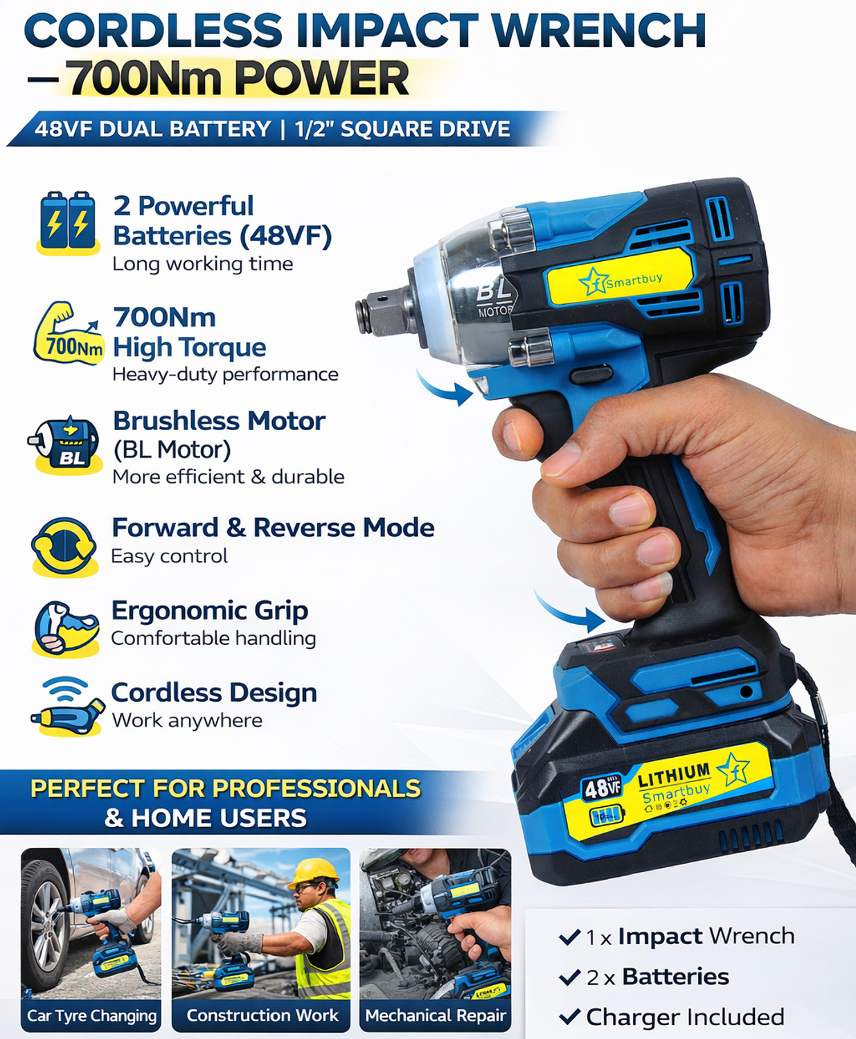 Image of Flipkart SmartBuy Cordless Impact Wrench | Auto Hammer Wrench Machine for Car & Industrial Use Cordless Impact Wrench (1 /2 inch)