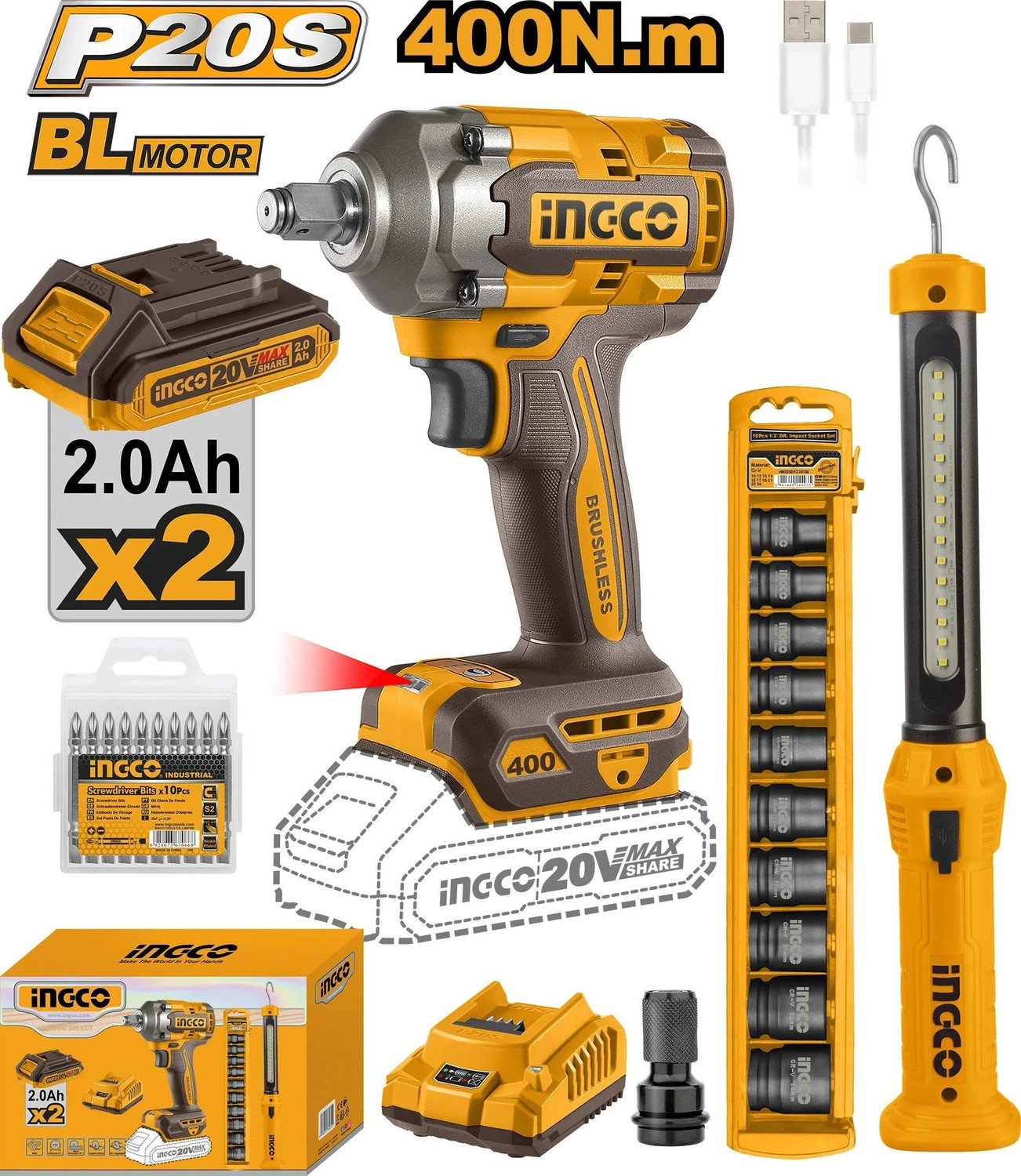 Image of INGCO Cordless 2 pcs combo kit Cordless Impact Wrench (1 /2 inch)