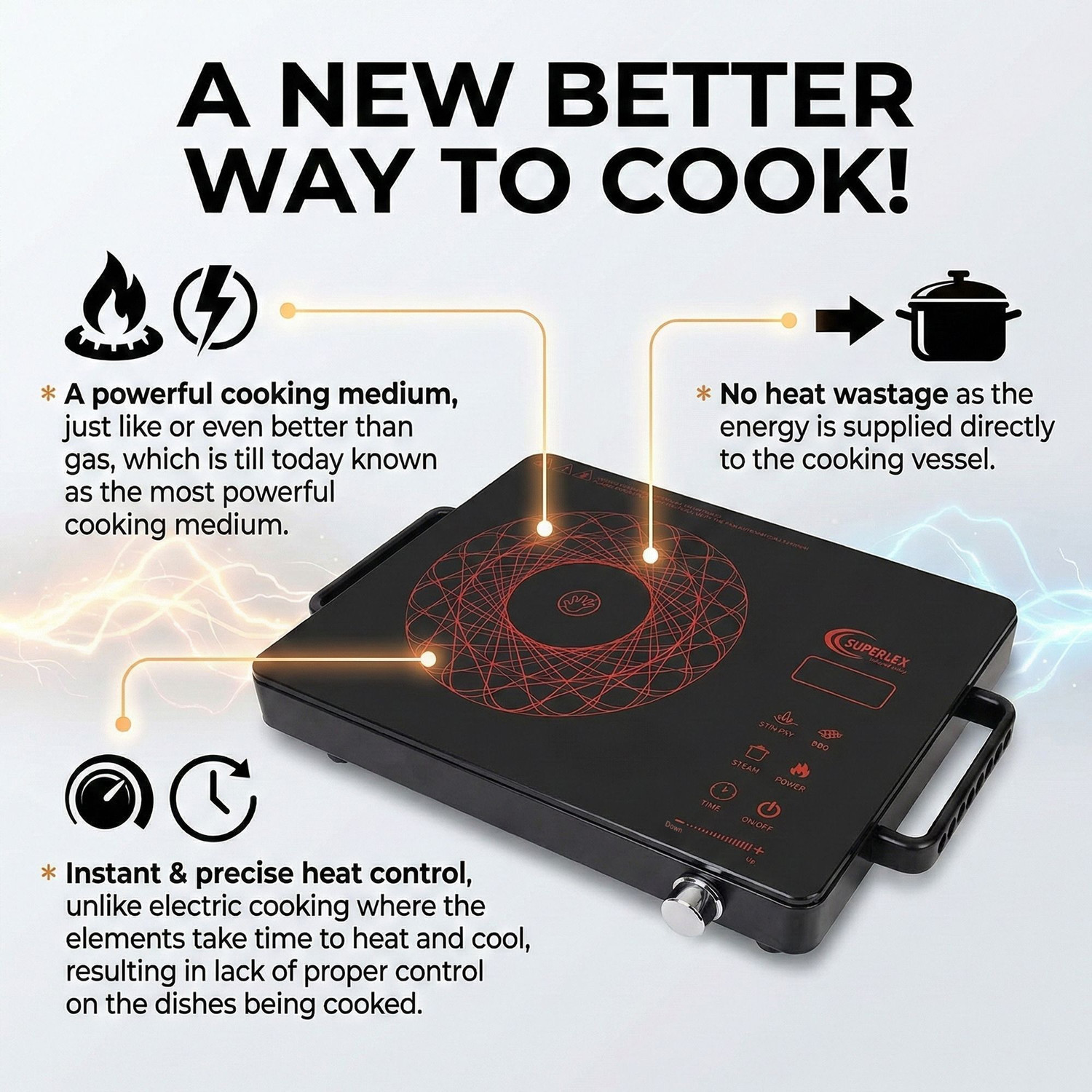 Image of SUPERLEX 2200 W Infrared Cooktop Touch Panel (Black, Infrared Cook,Grill & Polished Crystal Glass Plate, Digital Display 3 Modes)