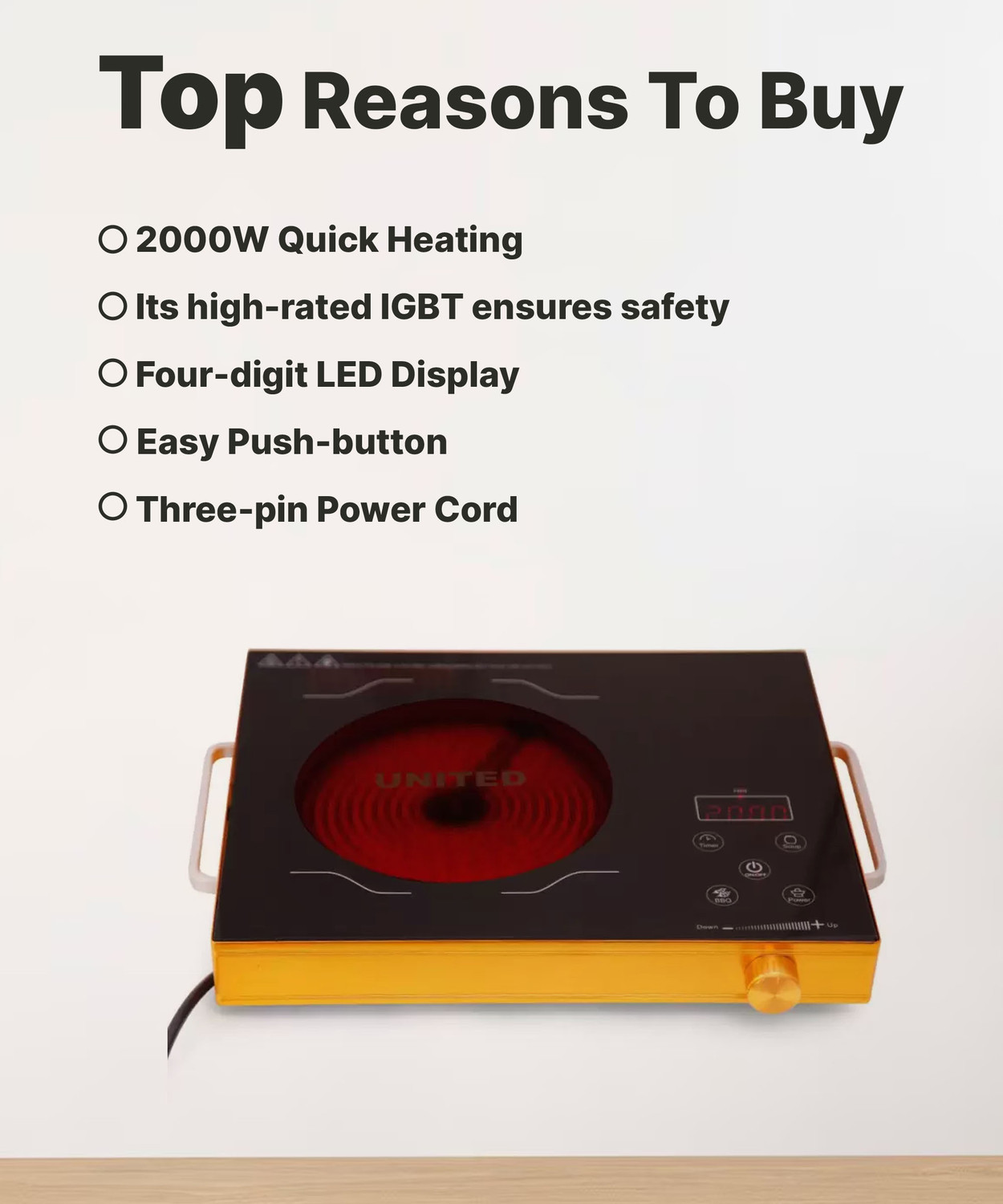 Image of United 2000 W Radiant Cooktop Push Button (Black, DT555)