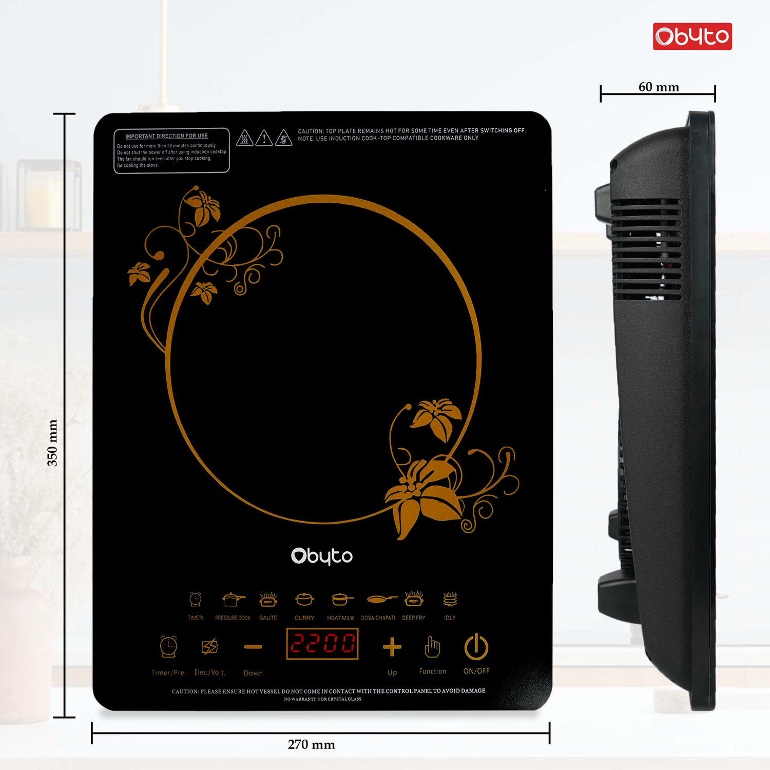 Image of OBYTO 2200 W Induction Cooktop Touch Panel (Black, OIDTC22X-BLACK)