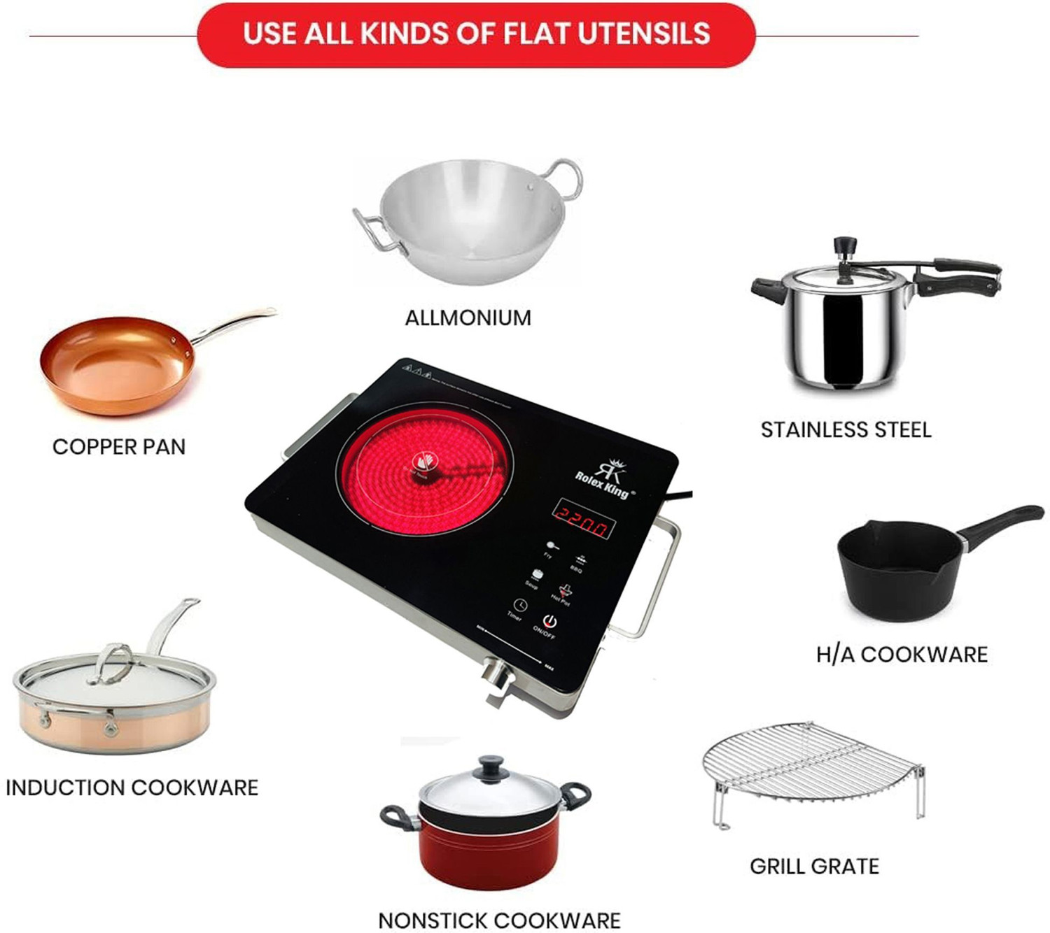 Image of Radhe 2200 W Induction Cooktop Touch Panel (Multicolor, FREE BBQ GRILL 2200WATT Touch Panel Infrared Induction (use with All Utensils))