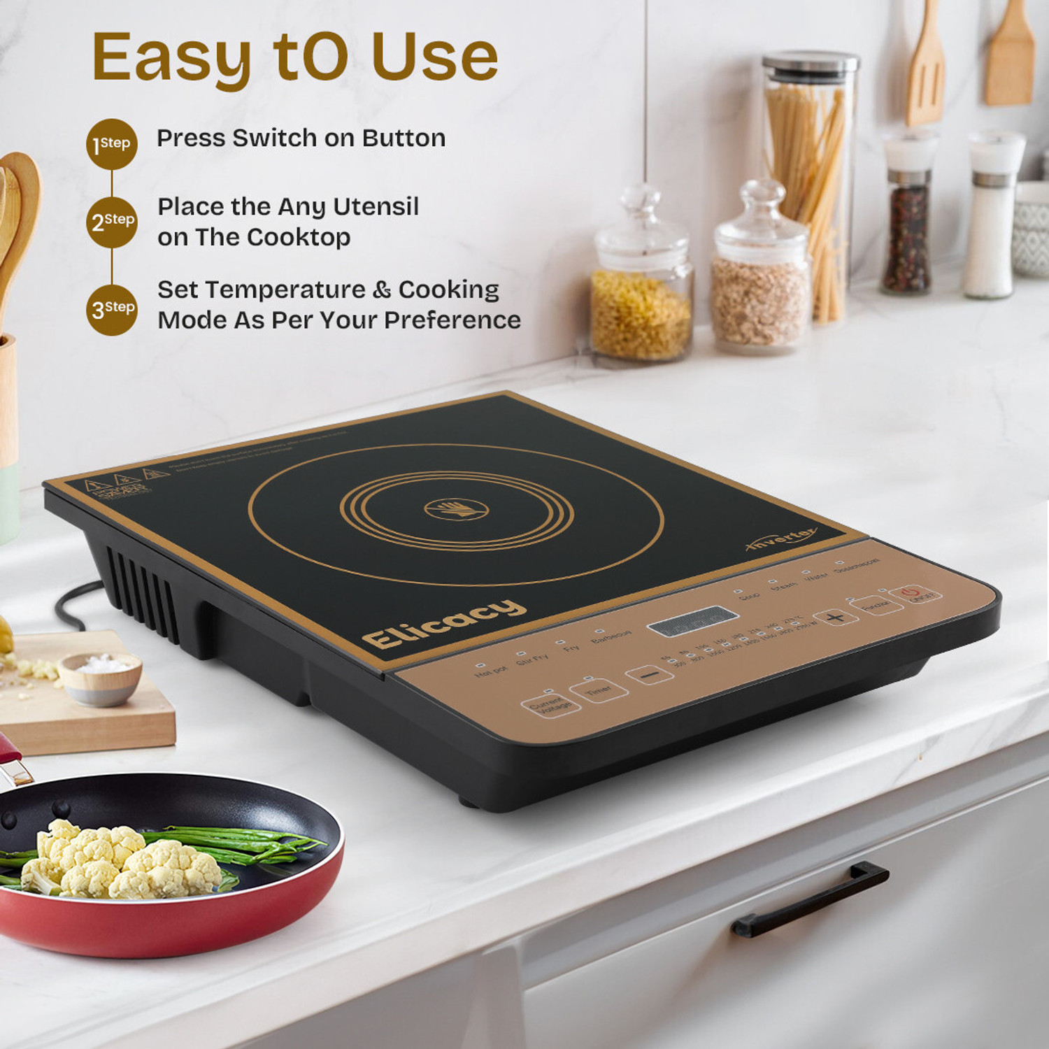 Image of Elicacy 2000 W Induction Cooktop Touch Panel (Black, Induction Cooktop Crystal Glass Touch Panel LED Display,)