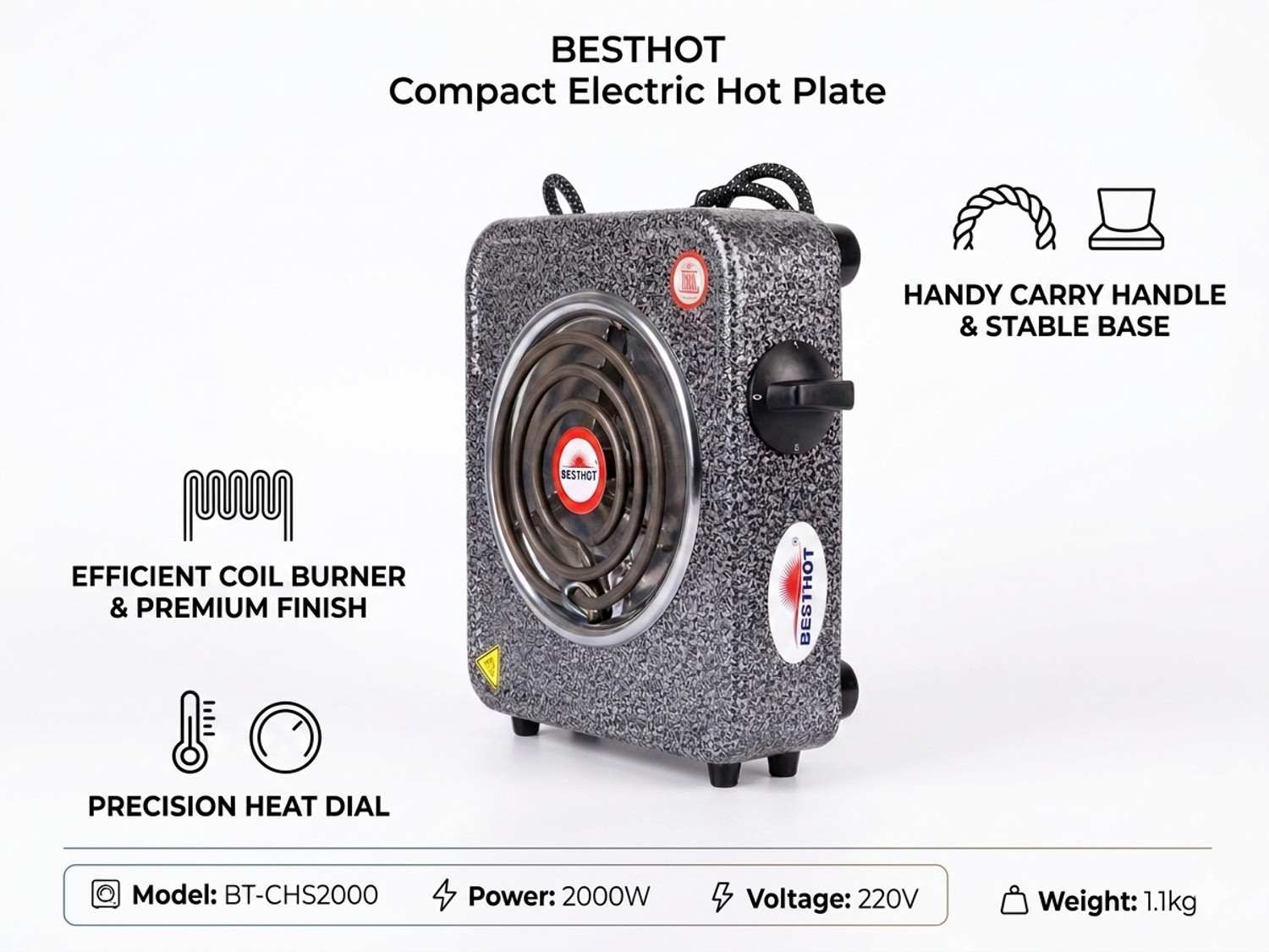Image of BESTHOT 2000 W Infrared Cooktop Push Button (Silver, 2000W Electric Coil.)