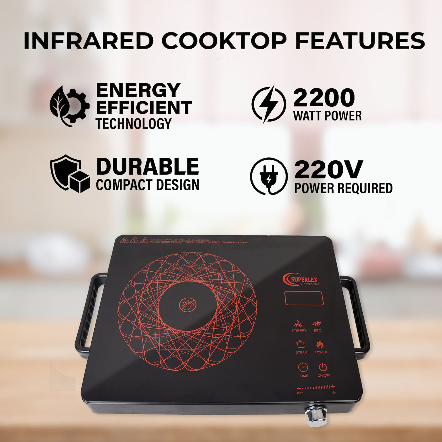 Image of SUPERLEX 2200 W Infrared Cooktop Touch Panel (Black, Infrared Cook,Grill & Polished Crystal Glass Plate, Digital Display 3 Modes)