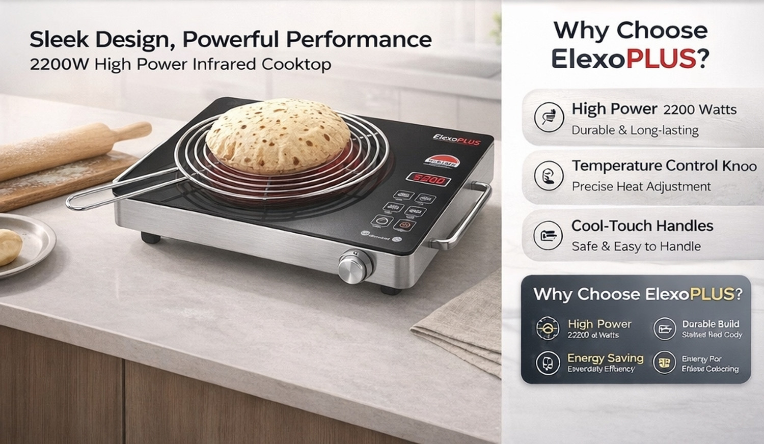 Image of ELEXOPLUS 2200 W Infrared Cooktop Touch Panel, Jog Dial (Multicolor, ELV-ROYAL-IR-2200W)