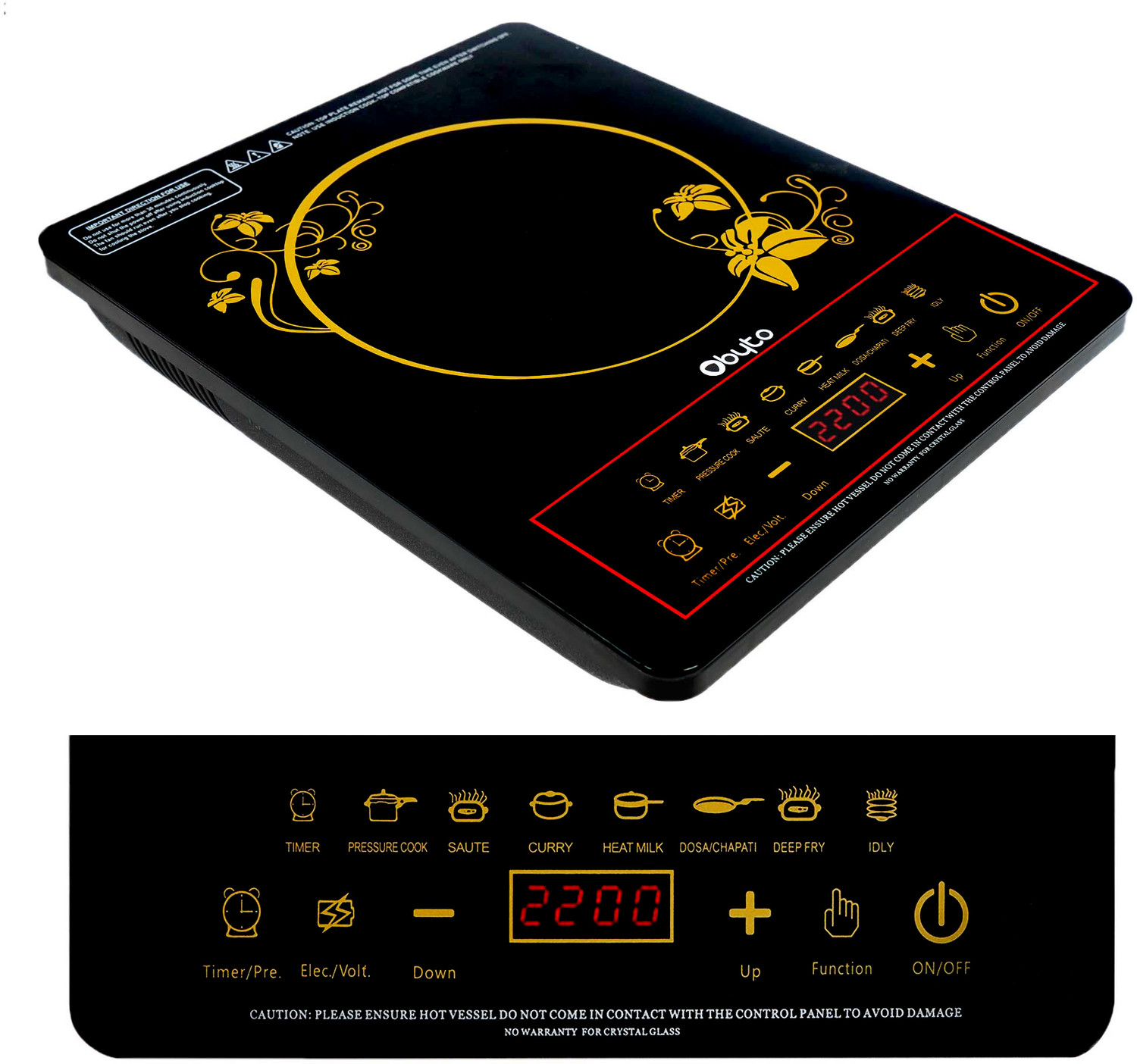 Image of OBYTO 2200 W Induction Cooktop Touch Panel (Black, OIDTC22X-BLACK)