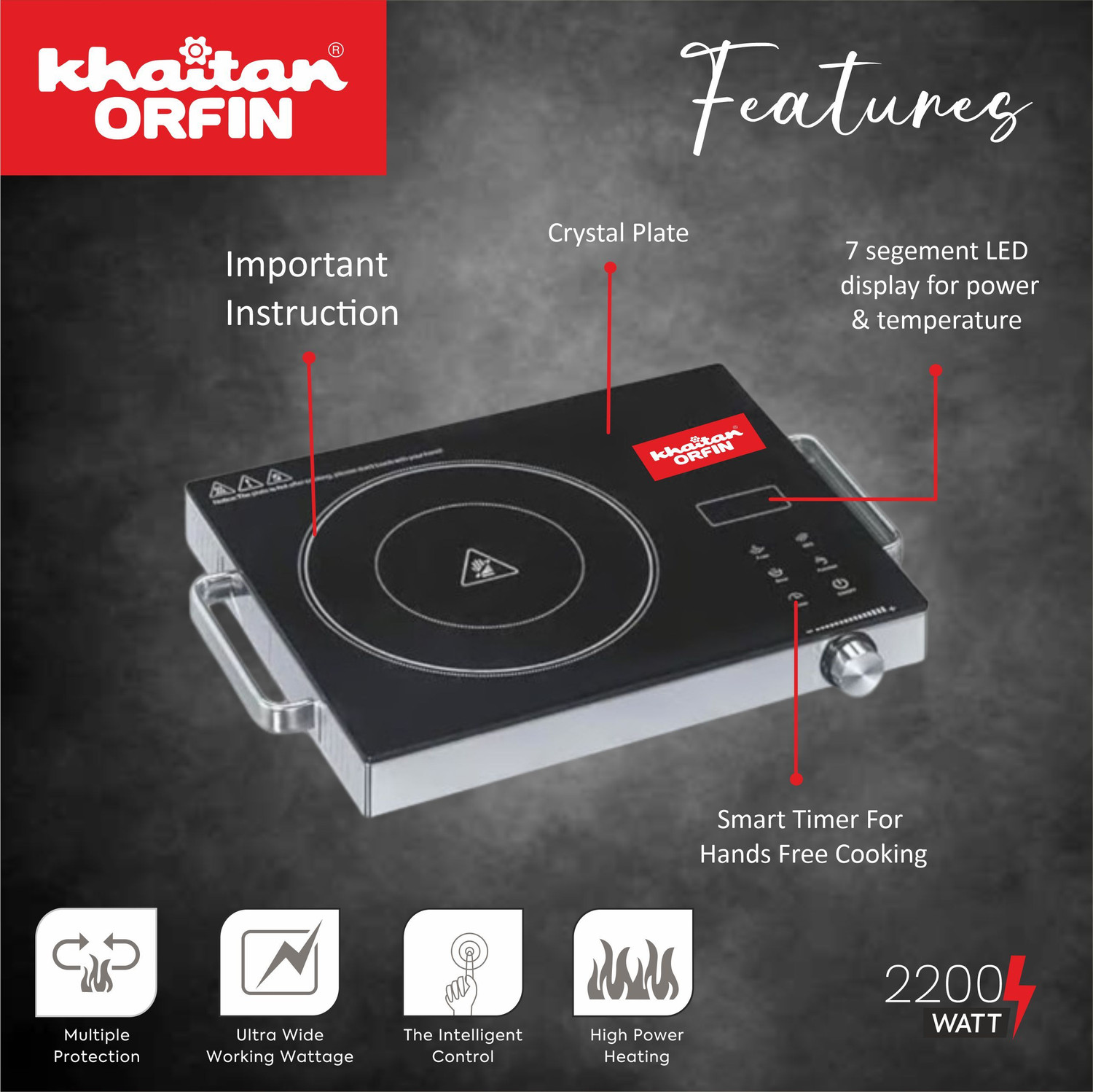 Image of Khaitan Orfin 2200 W Radiant Cooktop Touch Panel (Black, KO425)