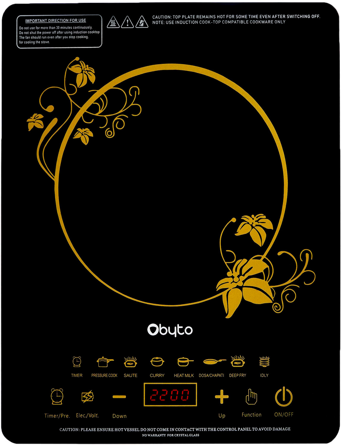 Image of OBYTO 2200 W Induction Cooktop Touch Panel (Black, OIDTC22X-BLACK)
