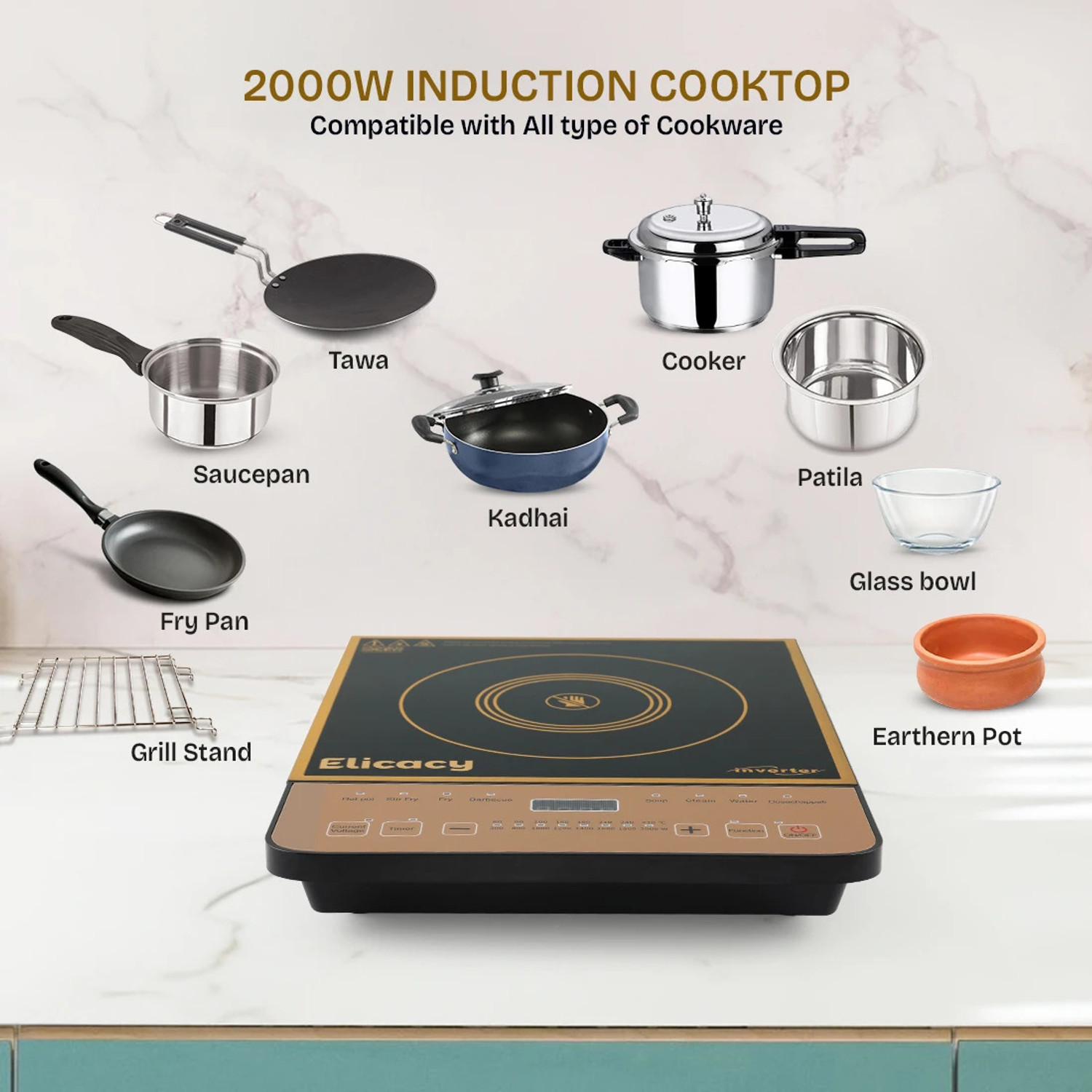 Image of Elicacy 2000 W Induction Cooktop Touch Panel (Black, Induction Cooktop Crystal Glass Touch Panel LED Display,)