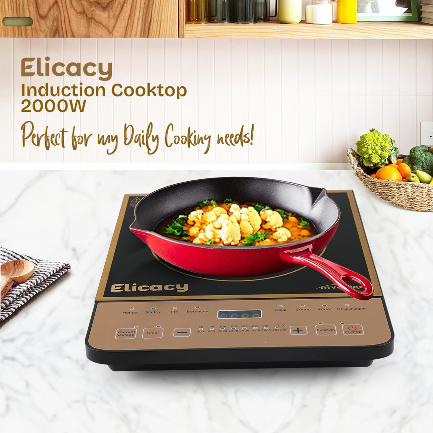 Image of Elicacy 2000 W Induction Cooktop Touch Panel (Black, Induction Cooktop Crystal Glass Touch Panel LED Display,)