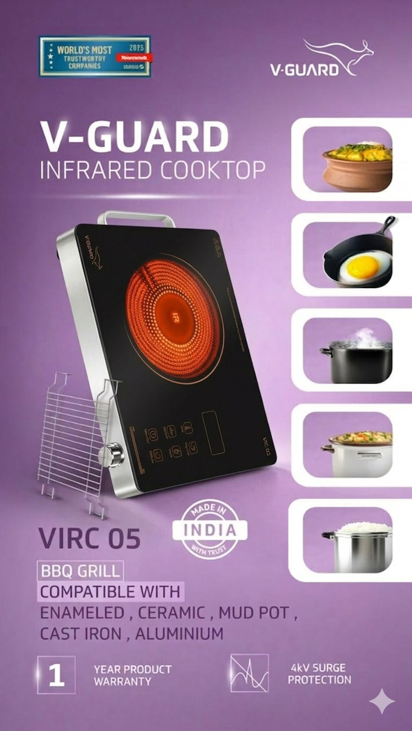 Image of V-Guard 2000 W Infrared Cooktop Touch Panel, Jog Dial (Black, VIRC 05)