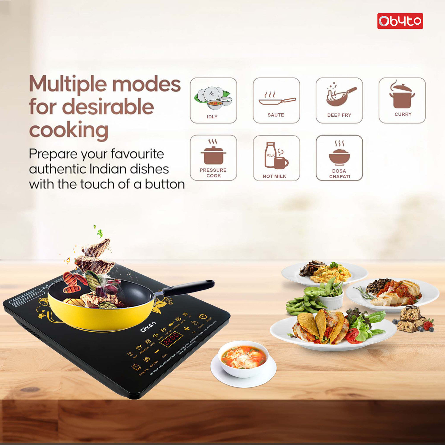 Image of OBYTO 2200 W Induction Cooktop Touch Panel (Black, OIDTC22X-BLACK)