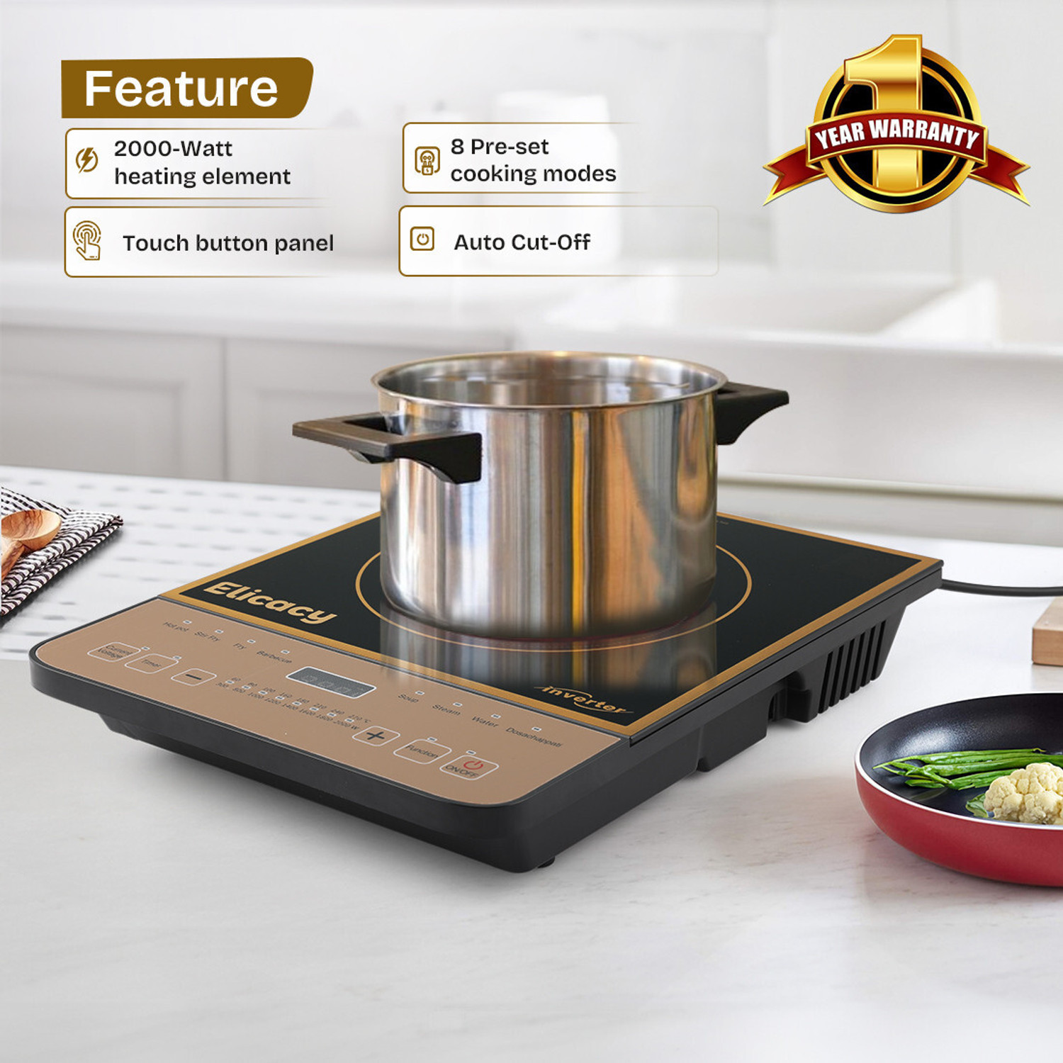Image of Elicacy 2000 W Induction Cooktop Touch Panel (Black, Induction Cooktop Crystal Glass Touch Panel LED Display,)