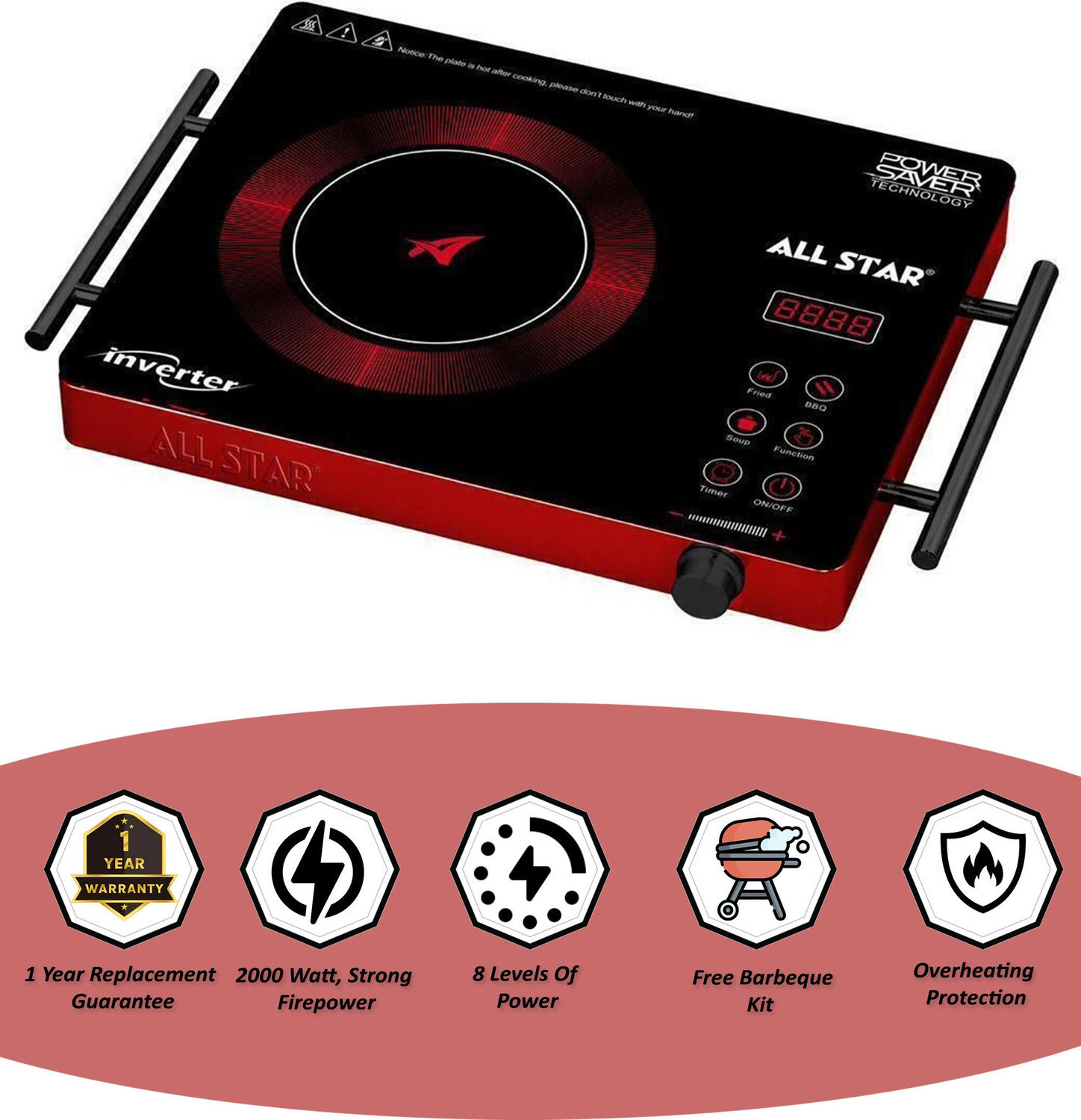 Image of All Star 2200 W Induction Cooktop Touch Panel (Red, ASIF0101)