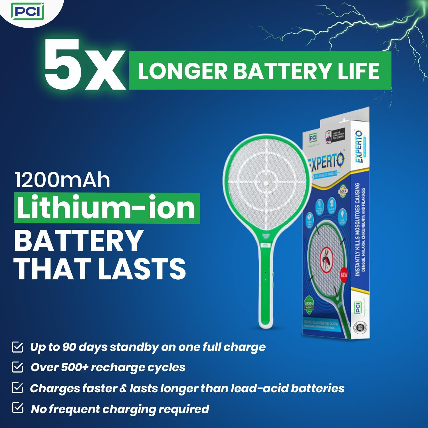 Image of PCI EXPERTO Mosquito Bat | 1200mAh, 90 Days Standby & LED Light | Made in India (1 Units)