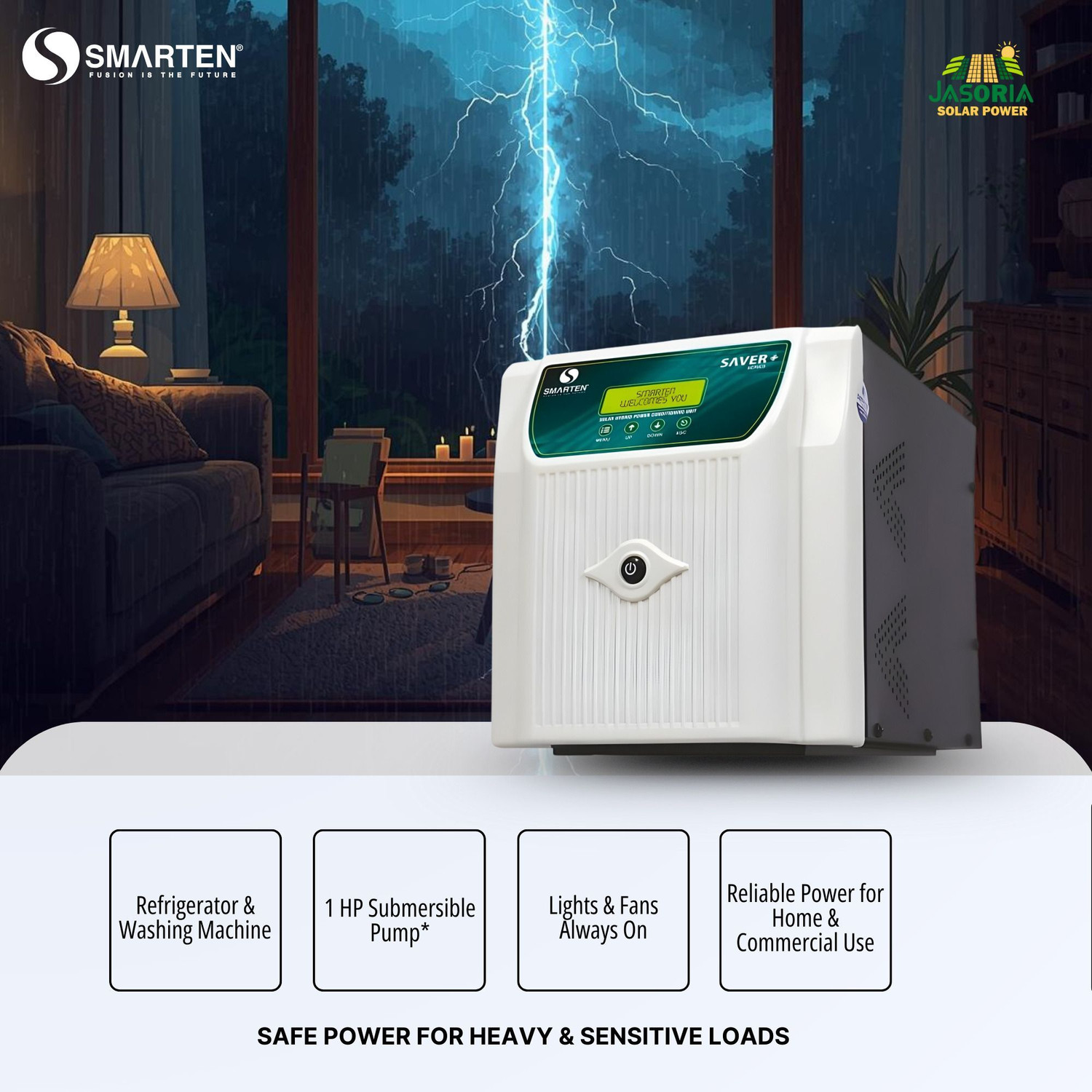Image of SMARTEN-Fusion is the future SAVER+ 2675 / 24V Dual Battery Supports, 70A Solar Controller, Inverter For Heavy Load Use with 36 Months Warranty Solar Compatible Pure Sine Wave Inverter (2650 VA)