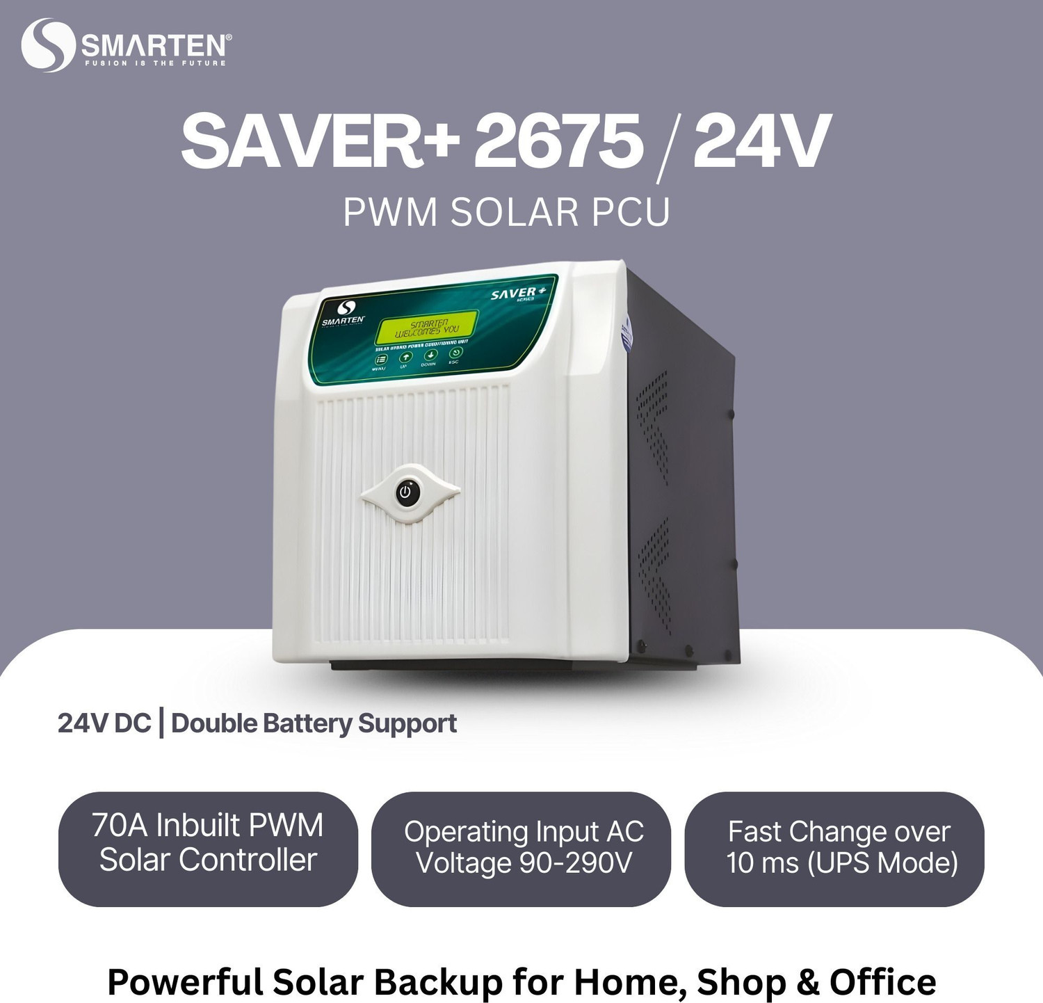 Image of SMARTEN-Fusion is the future SAVER+ 2675 / 24V Dual Battery Supports, 70A Solar Controller, Inverter For Heavy Load Use with 36 Months Warranty Solar Compatible Pure Sine Wave Inverter (2650 VA)
