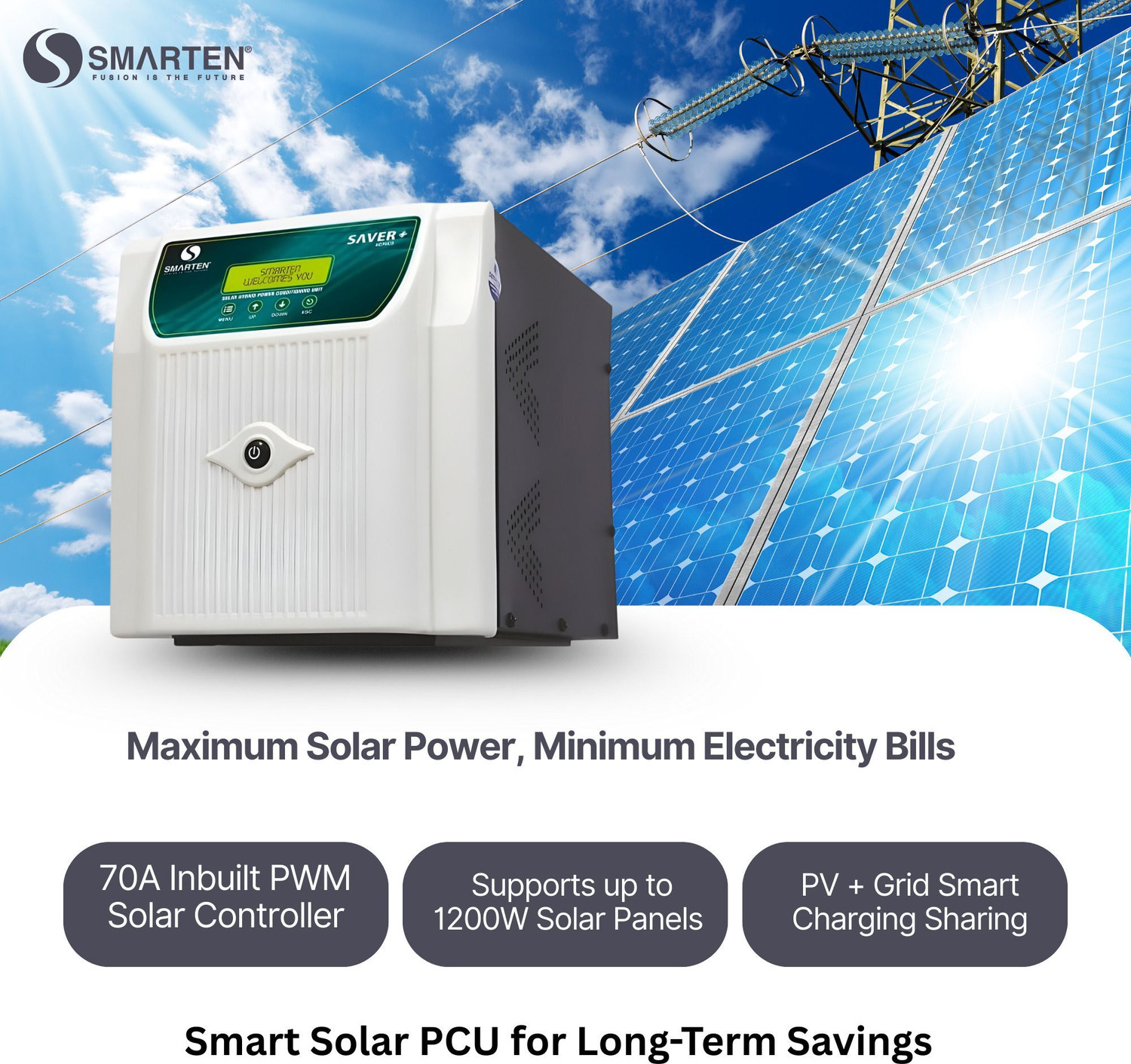 Image of SMARTEN-Fusion is the future SAVER+ 2675 / 24V Dual Battery Supports, 70A Solar Controller, Inverter For Heavy Load Use with 36 Months Warranty Solar Compatible Pure Sine Wave Inverter (2650 VA)