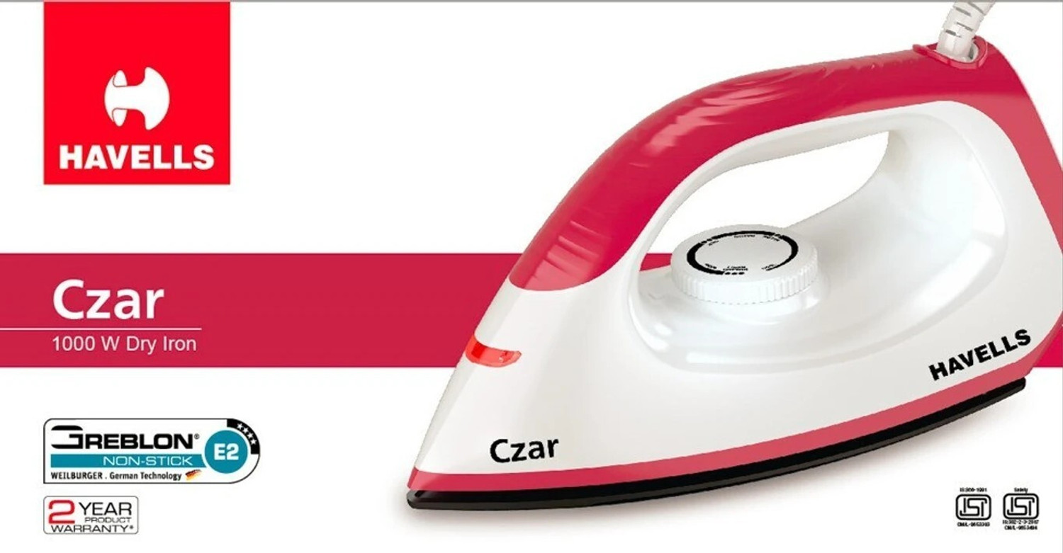 Image of HAVELLS Czar 1000 W Dry Iron (White & Ruby)