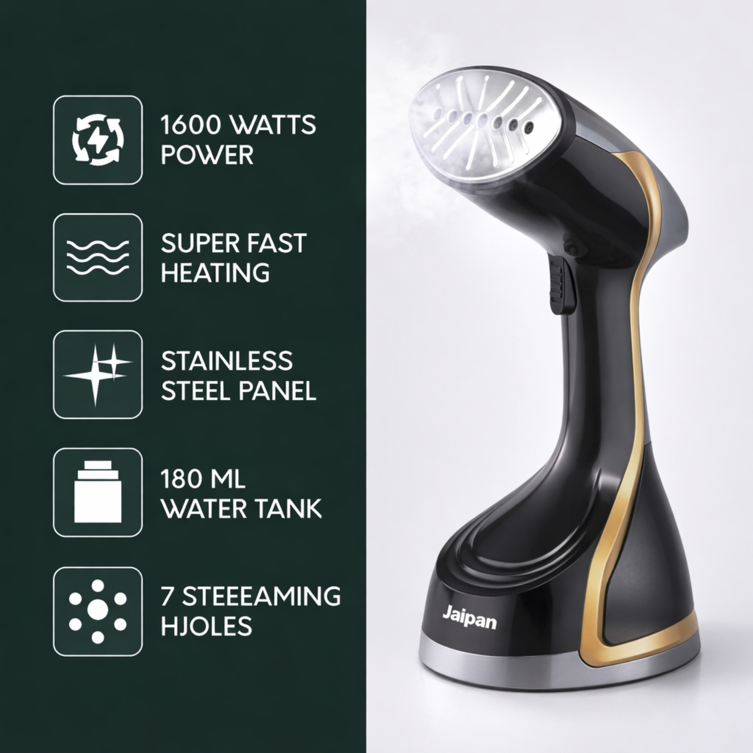 Image of Jaipan JPHS0006 1600 W Garment Steamer (Black, Grey)