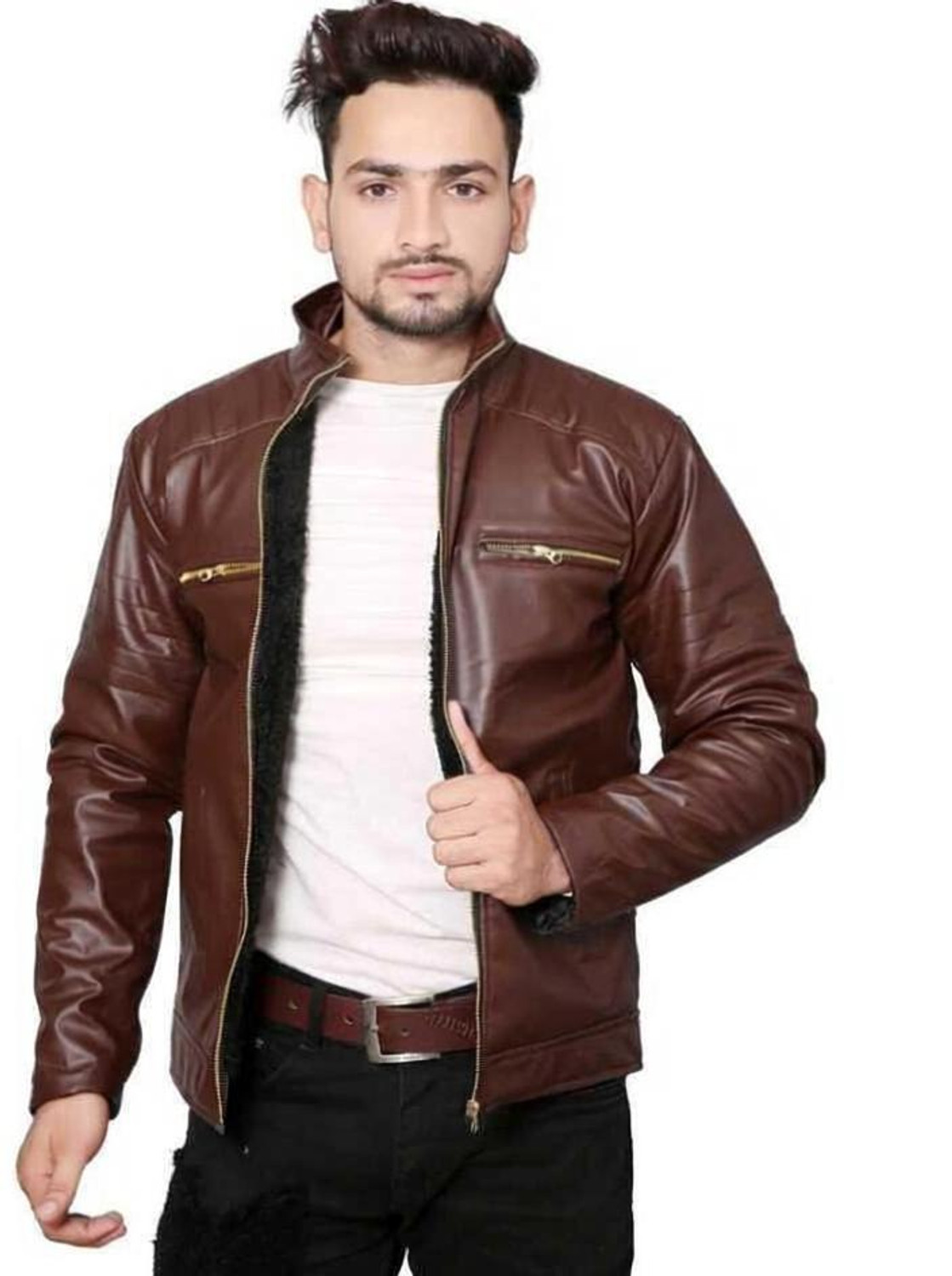 Image of hamedgarments Men Solid Leather Jacket