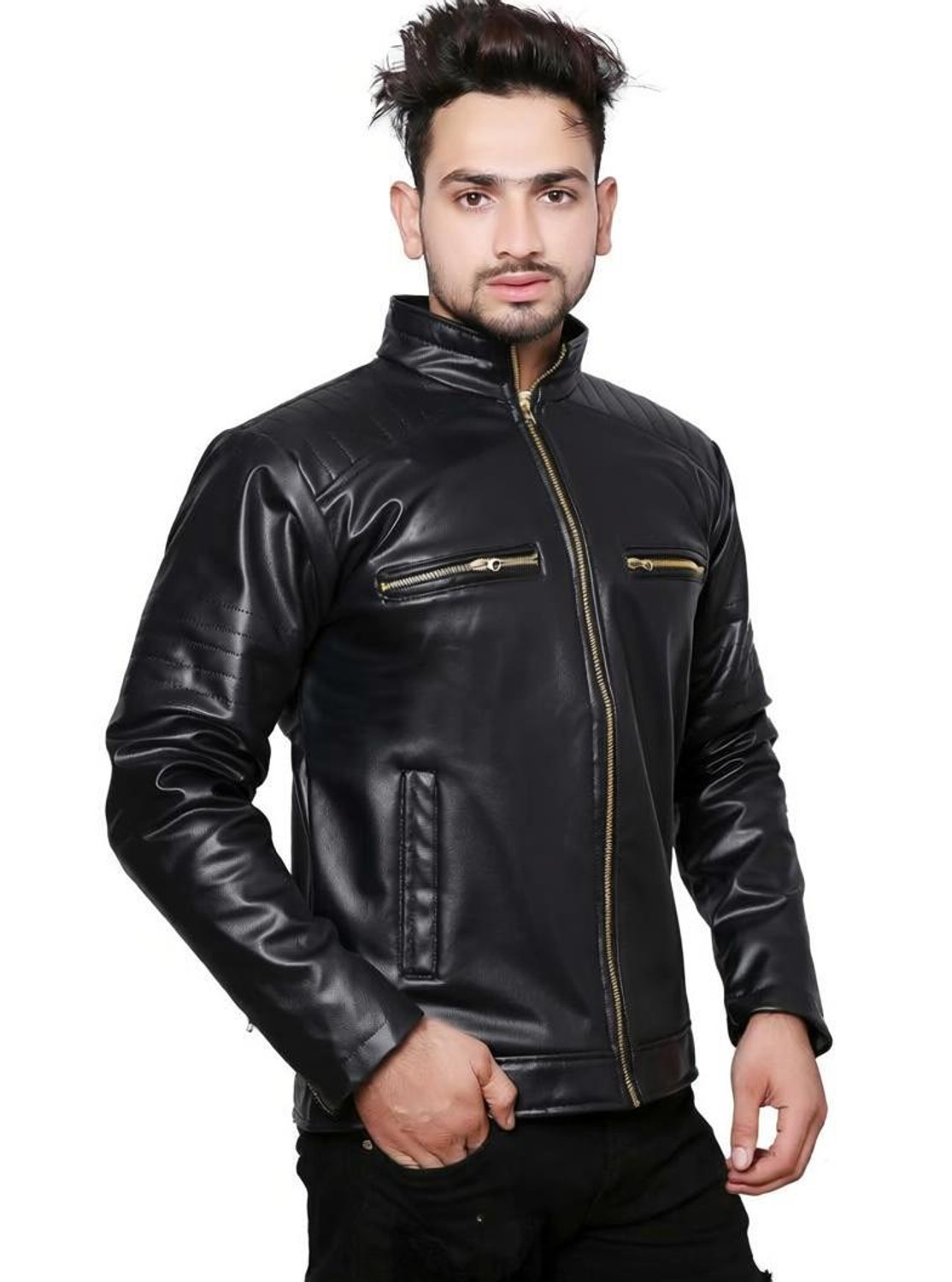 Image of hamedgarments Men Solid Leather Jacket