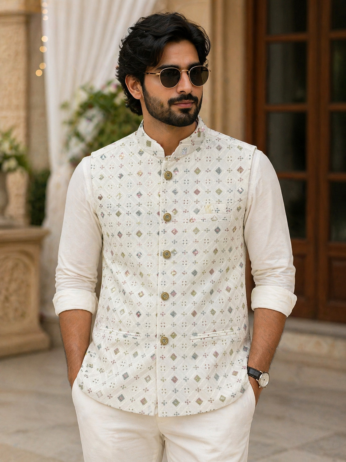 Image of bhanu designer studio Men Self Design Nehru Jacket