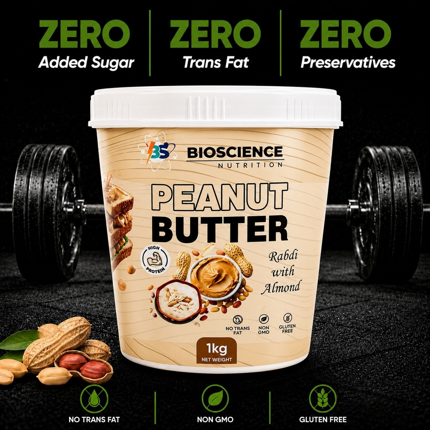 Image of Bioscience Nutrition Peanut Butter - Rabdi with Almond | High Protein, Premium Creamy Spread (1 kg)