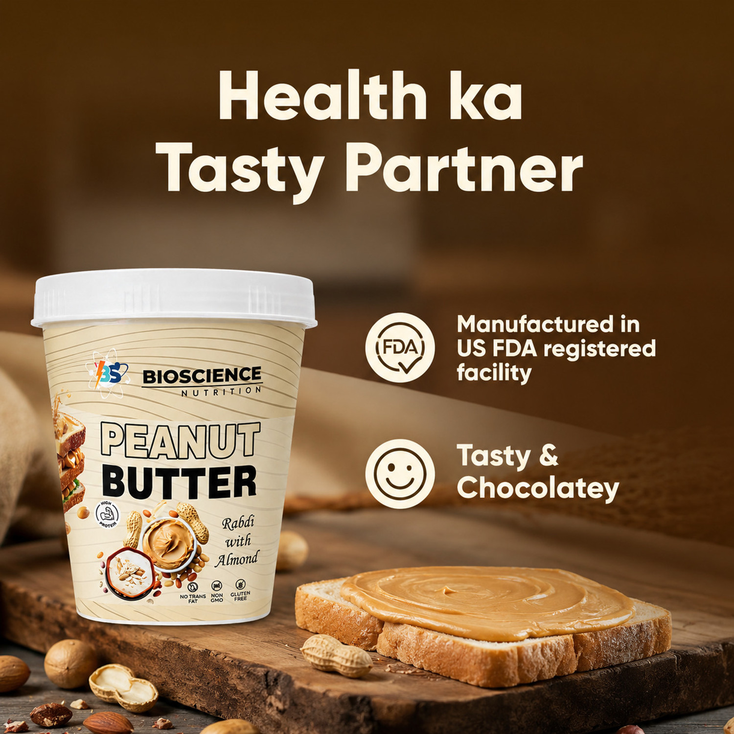 Image of Bioscience Nutrition Peanut Butter - Rabdi with Almond | High Protein, Premium Creamy Spread (1 kg)