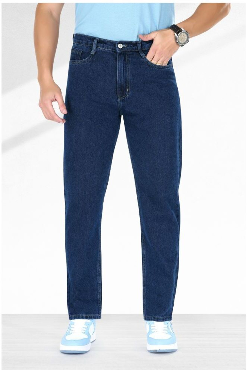 Image of M Q Denim Men Straight Fit Mid Rise Dark Blue Jeans