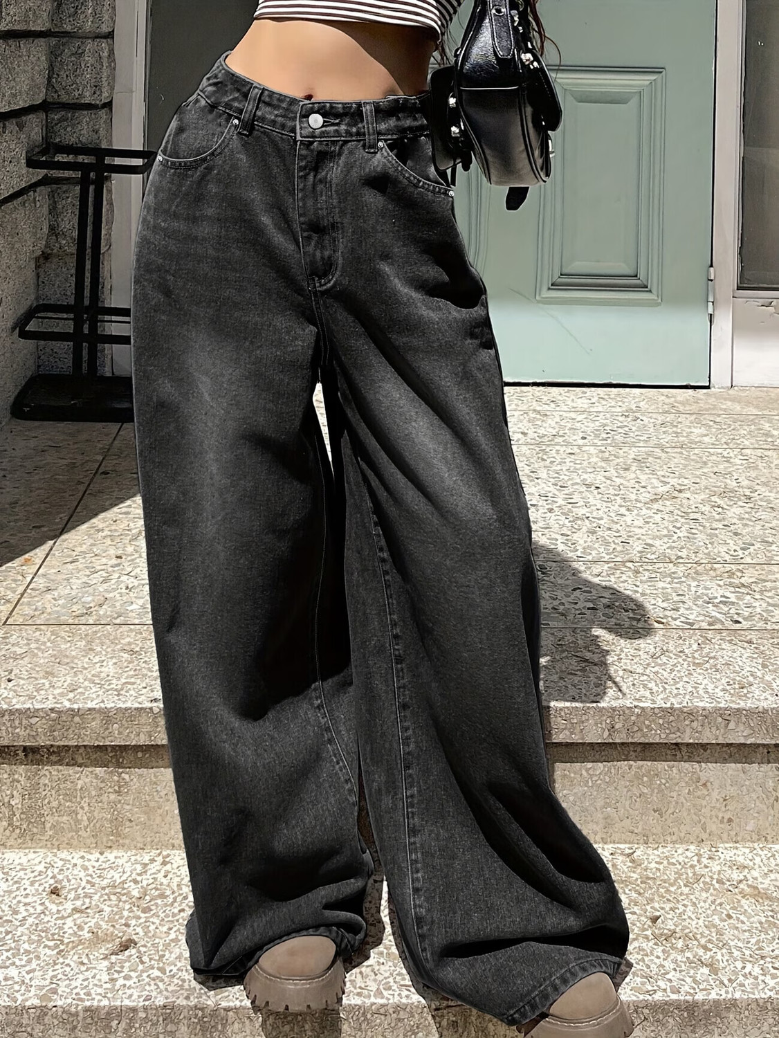 SHRIVAN Women Wide Leg High Rise Black Jeans - Image 1