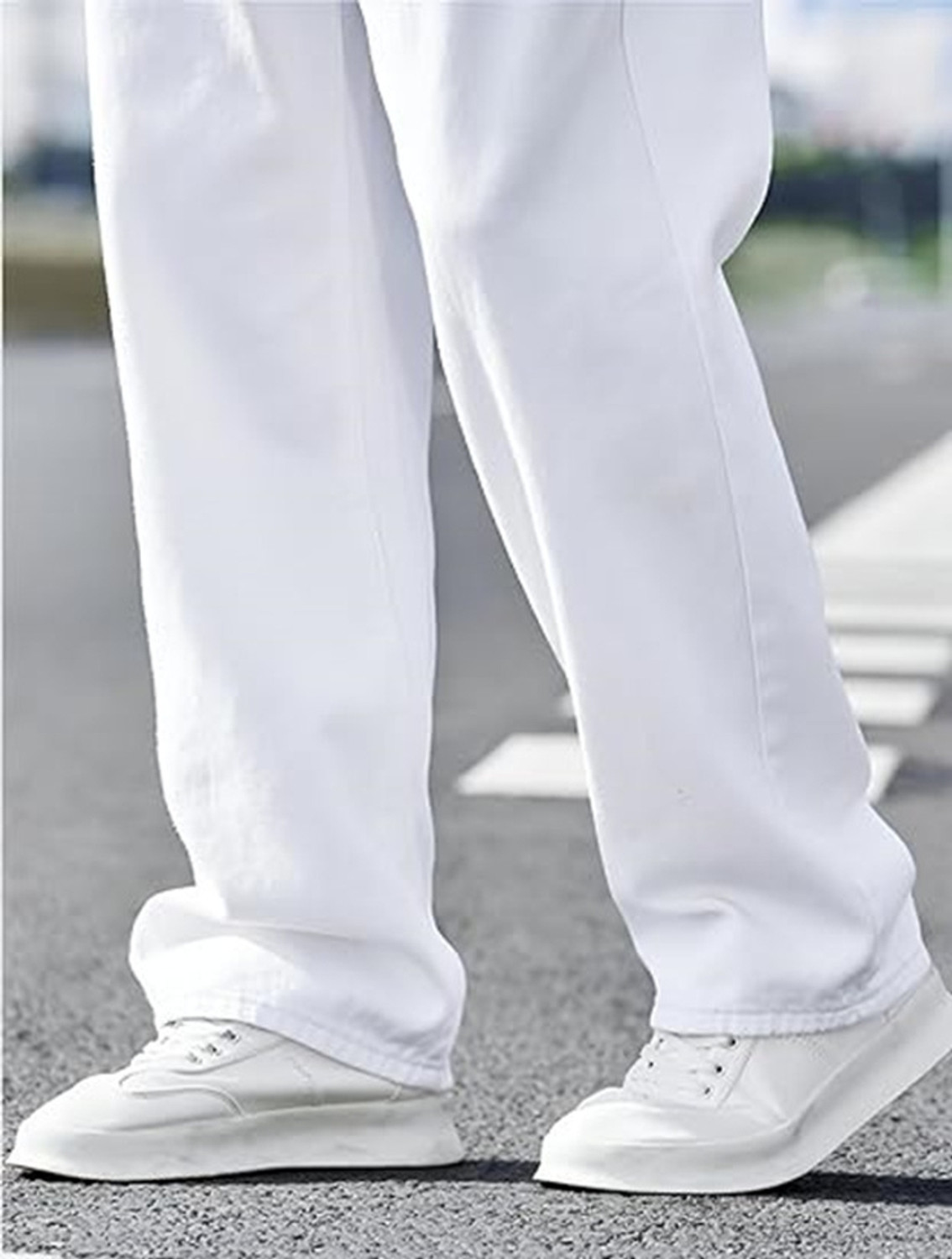 Image of Star4well Men Loose Fit Mid Rise White Jeans