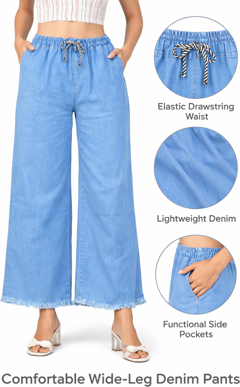 Image of Home Nation Women Wide Leg Mid Rise Light Blue Jeans