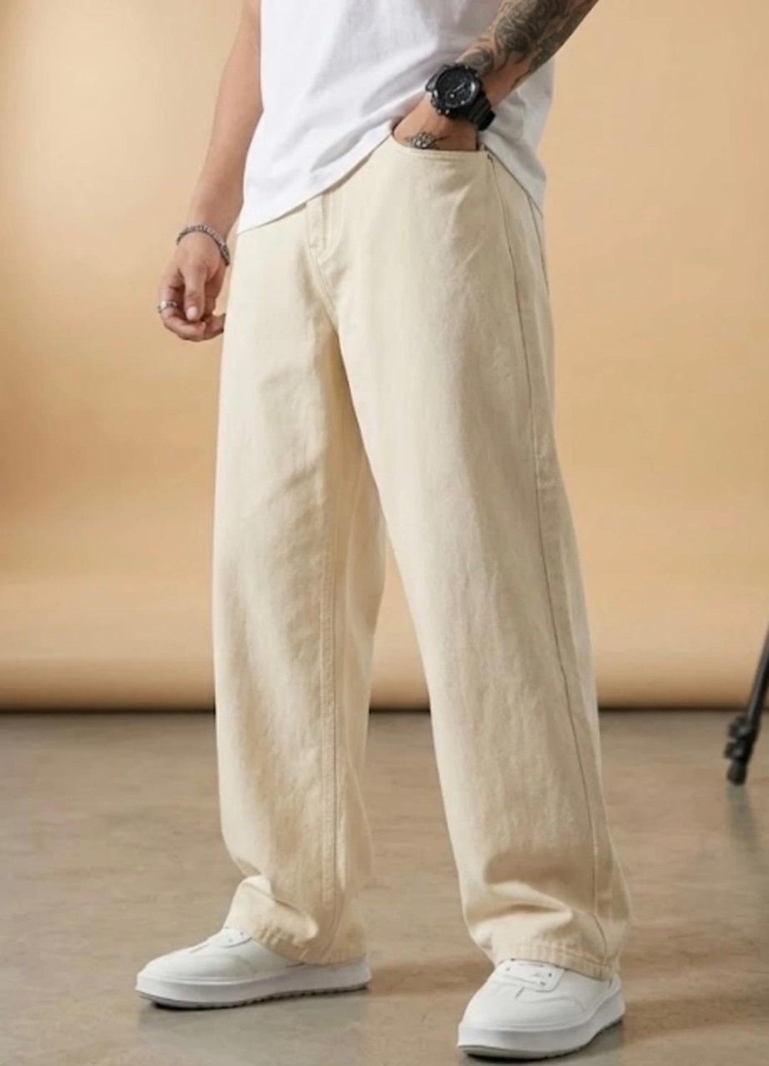 Image of DASHING FIT Men Loose Fit Mid Rise Beige Jeans