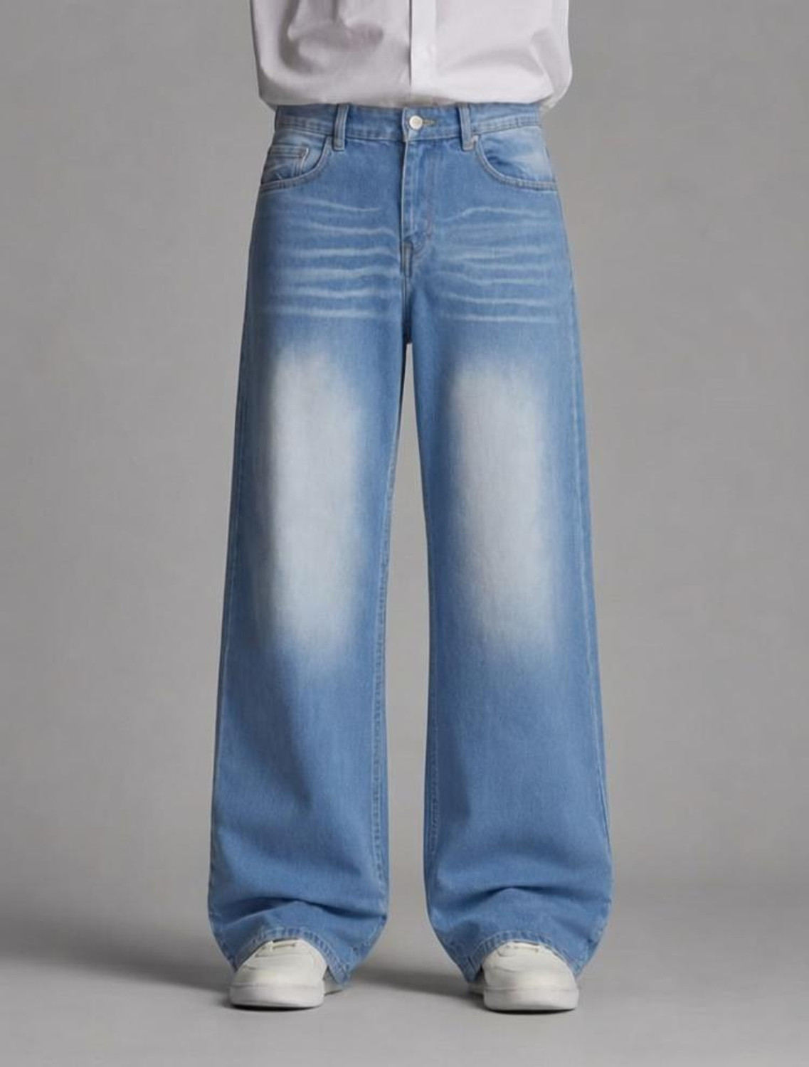 Veliume Men Wide Leg Mid Rise Light Blue Jeans - Image 1