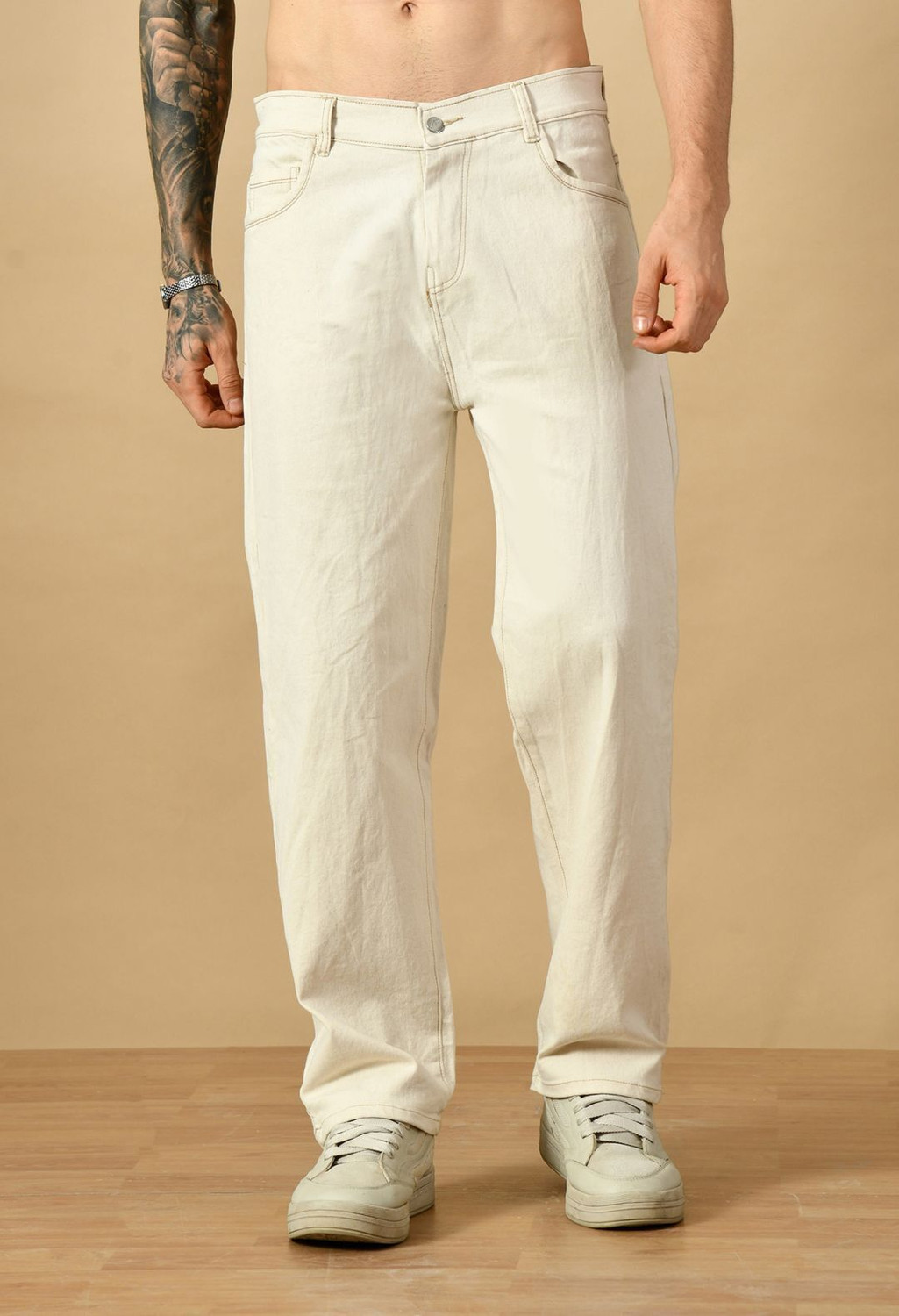 Image of Dkait Men Loose Fit Mid Rise Beige Jeans